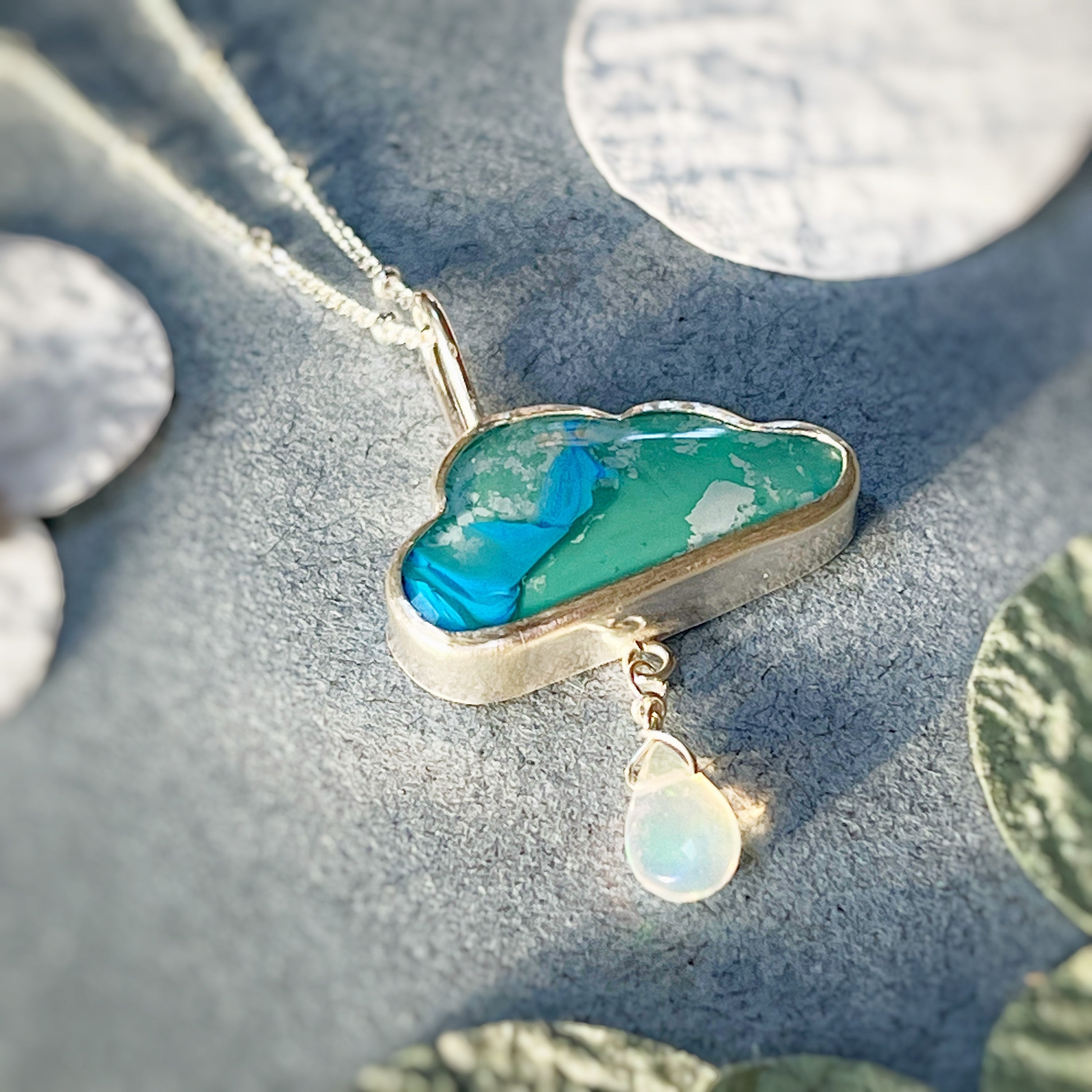 Blue Aurora Opal Cloud Pendant with Opal raindrop,  image 0