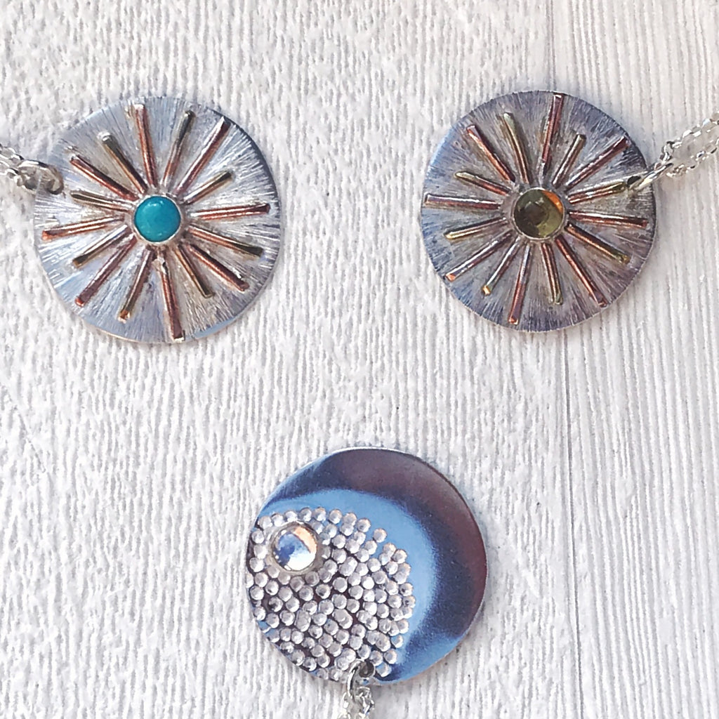 Sunburst Silver, Brass & Copper Pendant Necklace image 4