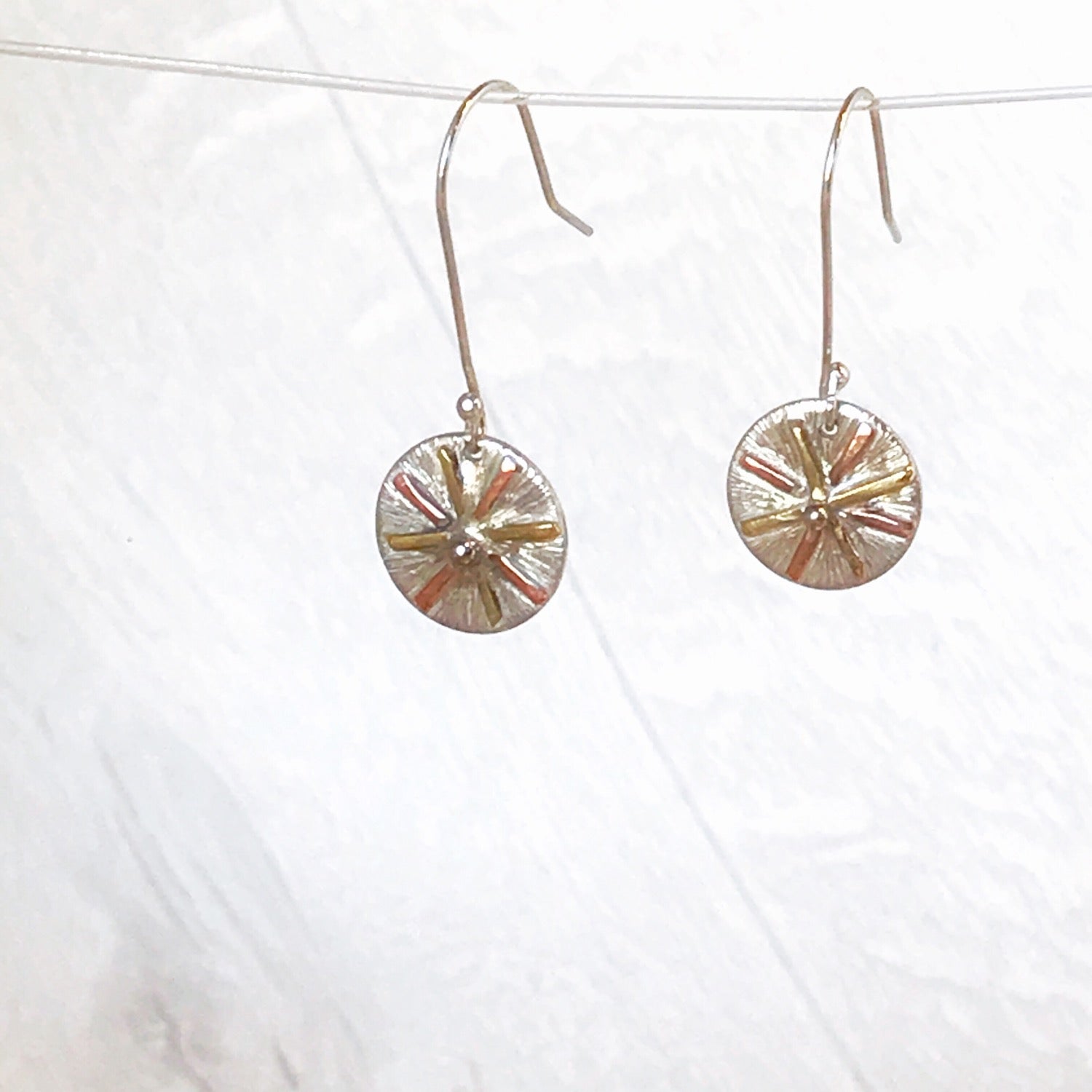 Sunburst Dangly Earrings, Recycled Sterling Silver, Copper, Brass image 0