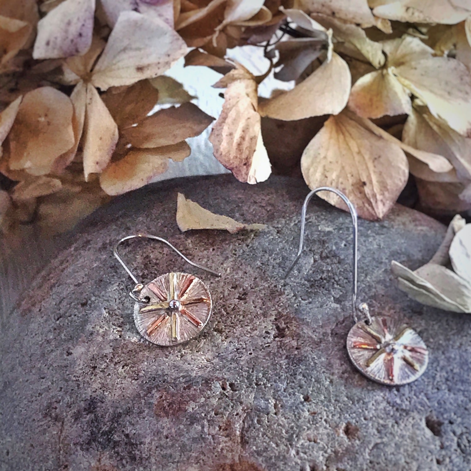 Sunburst Dangly Earrings, Recycled Sterling Silver, Copper, Brass image 2