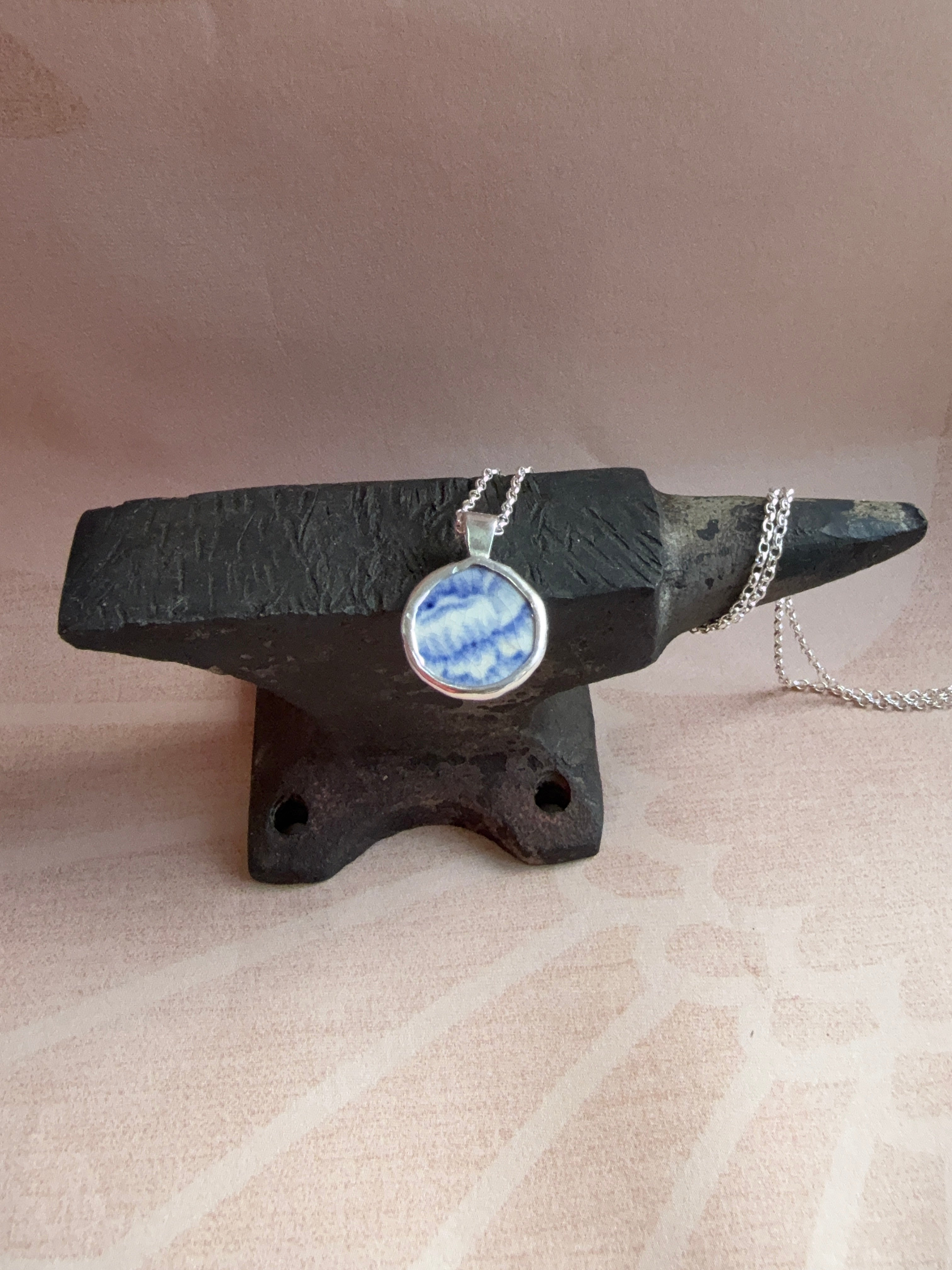 Vintage blue floral pottery necklace, recycled sterling silver