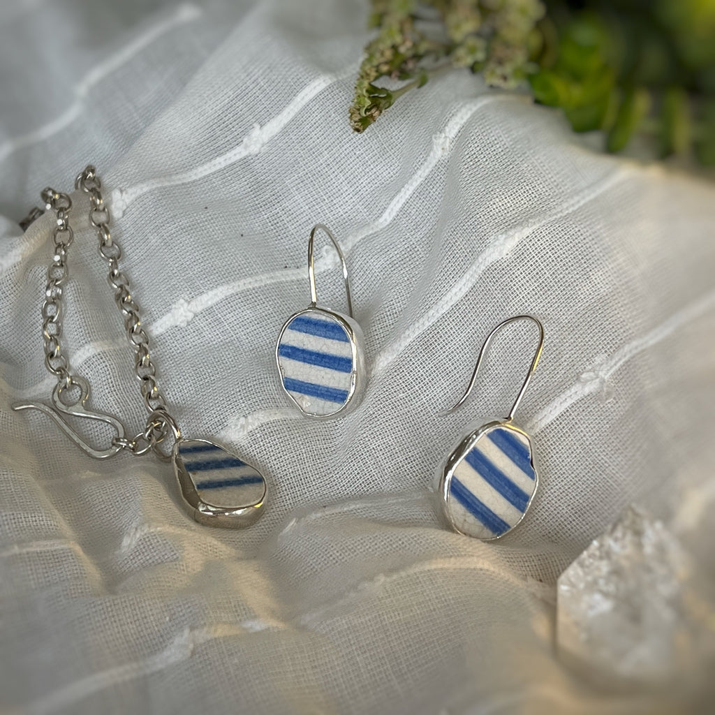 Blue Striped sea pottery bracelet, necklace & earrings,recycled sterling silver  image 3
