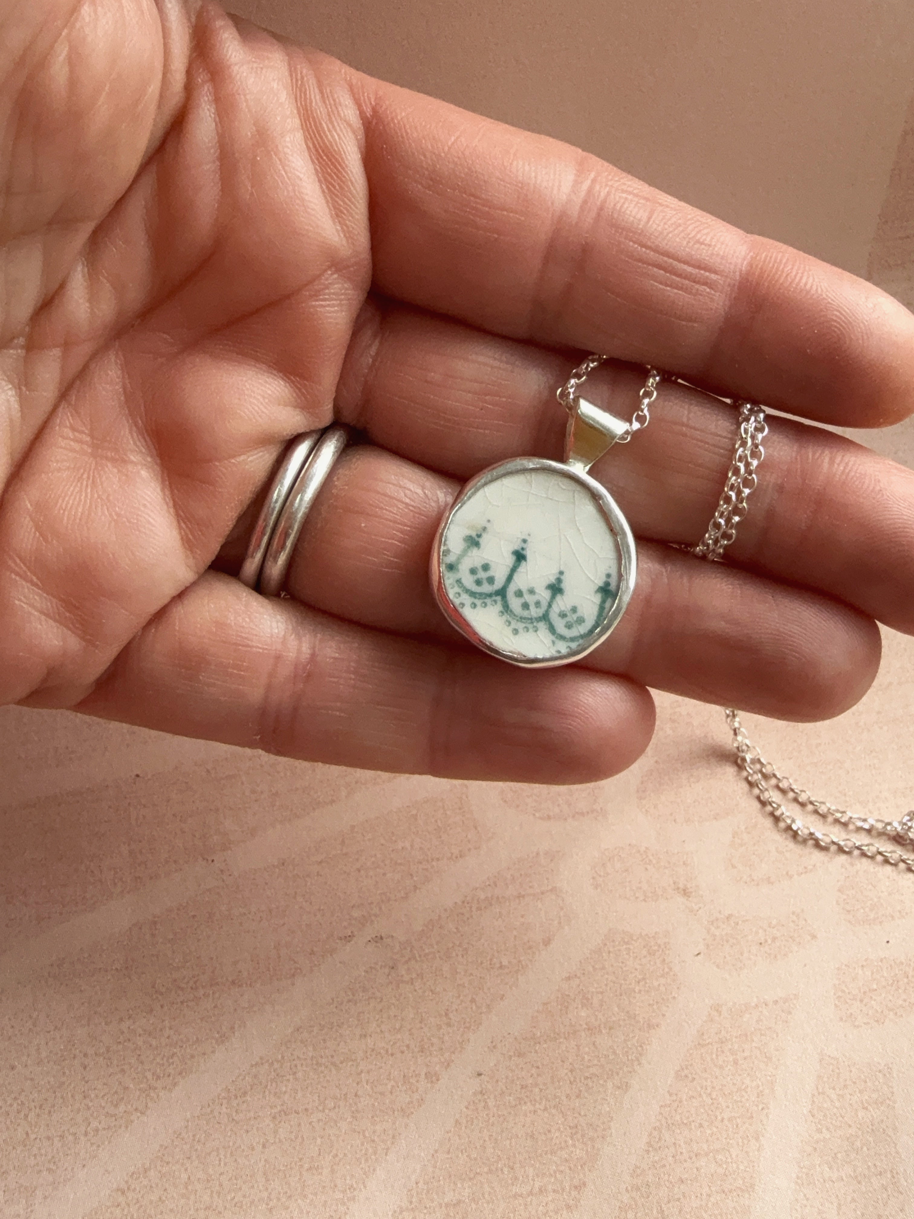 Vintage green Pottery necklace, recycled sterling silver