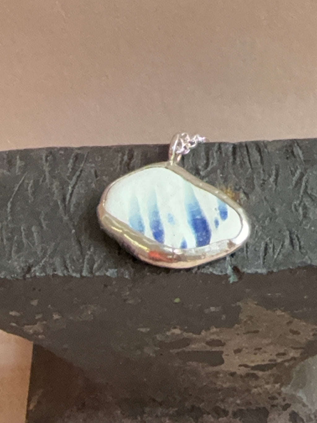 Vintage blue featheredge pottery necklace, recycled sterling silver