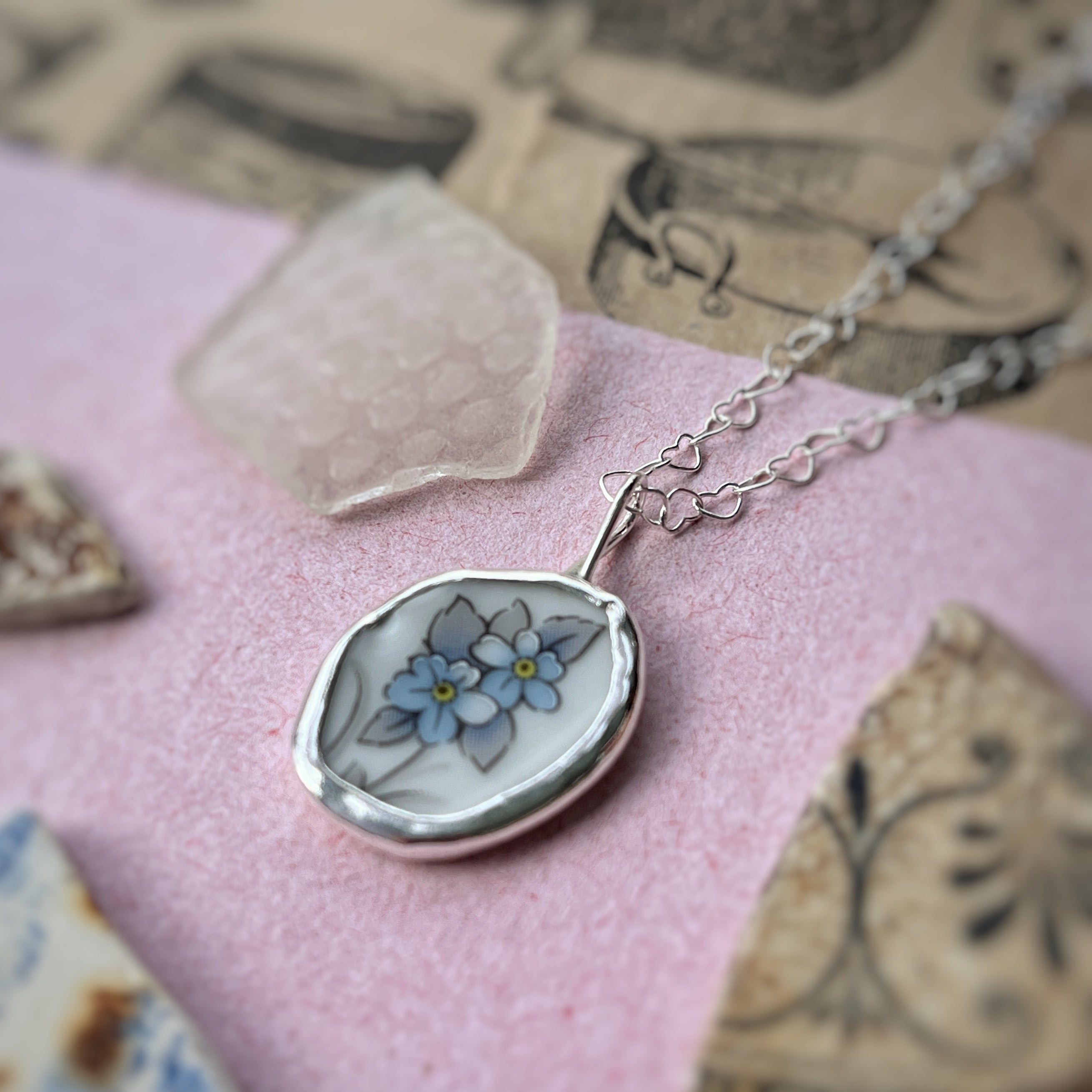 Forget-me-not repurposed china necklace, Recycled Sterling Silver  image 6