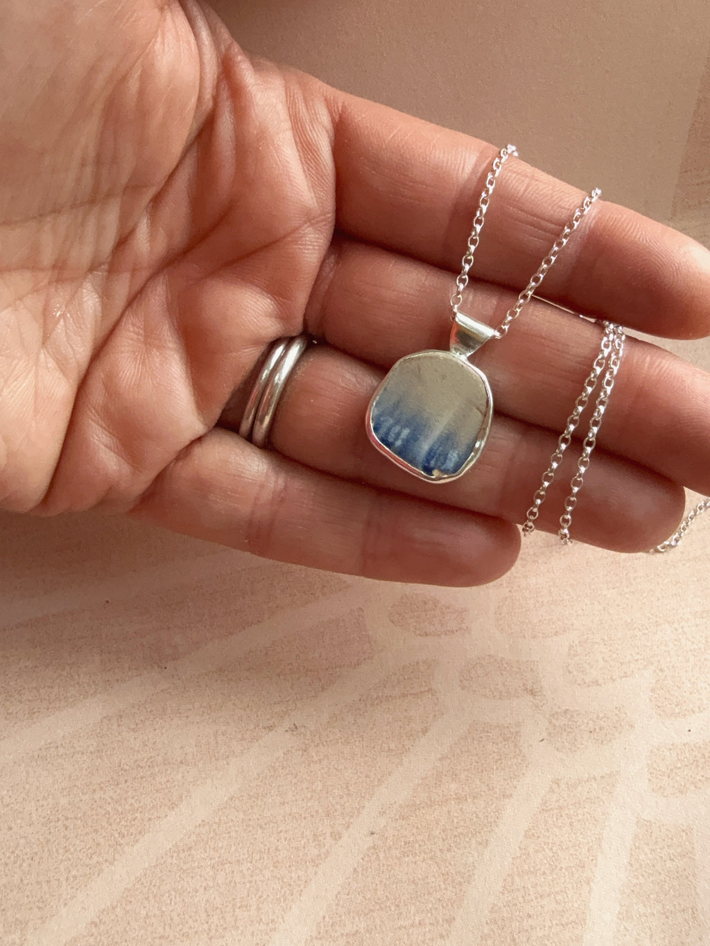 Vintage blue featheredge pottery necklace, recycled sterling silver