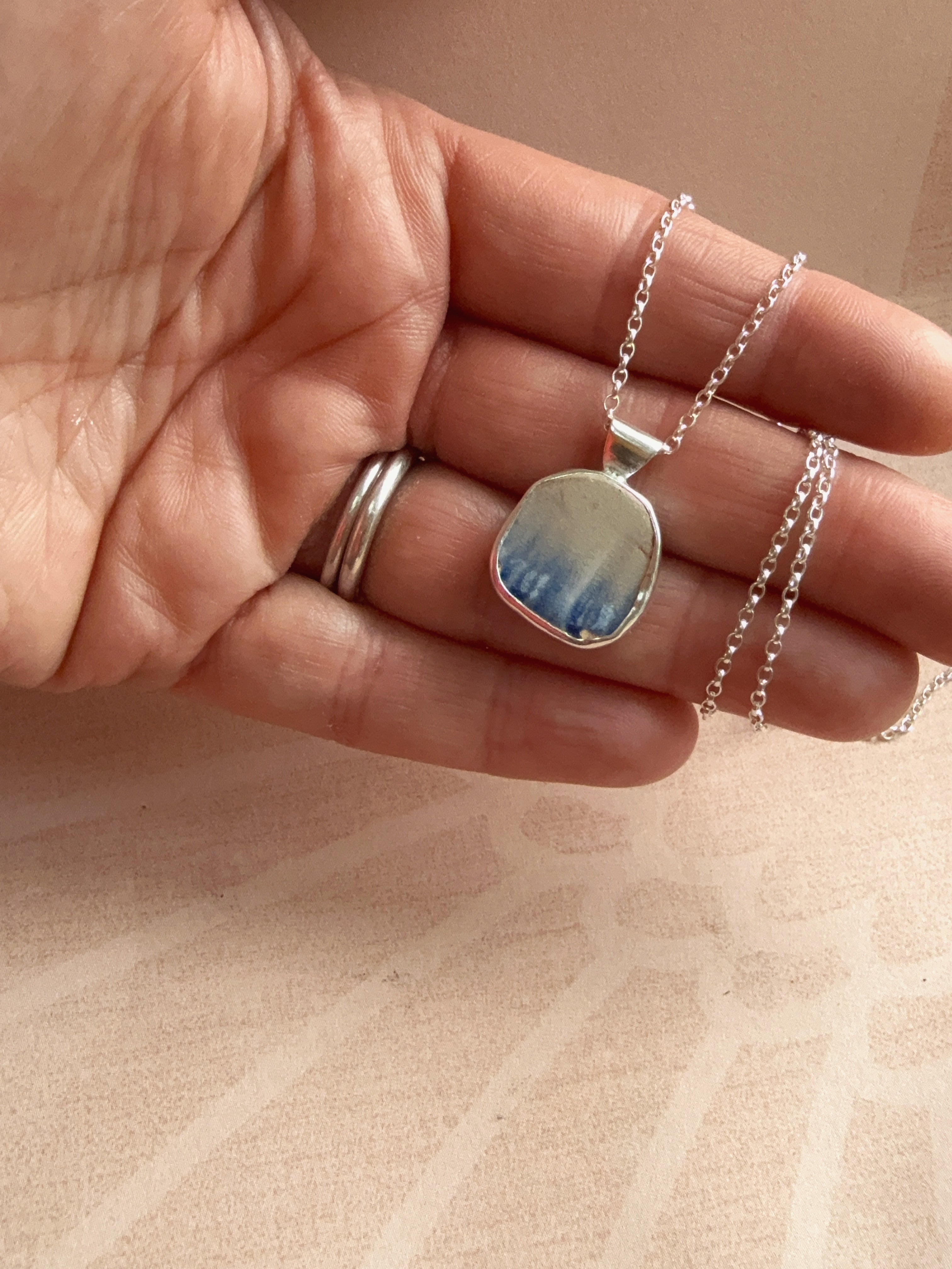 Vintage blue featheredge pottery necklace, recycled sterling silver