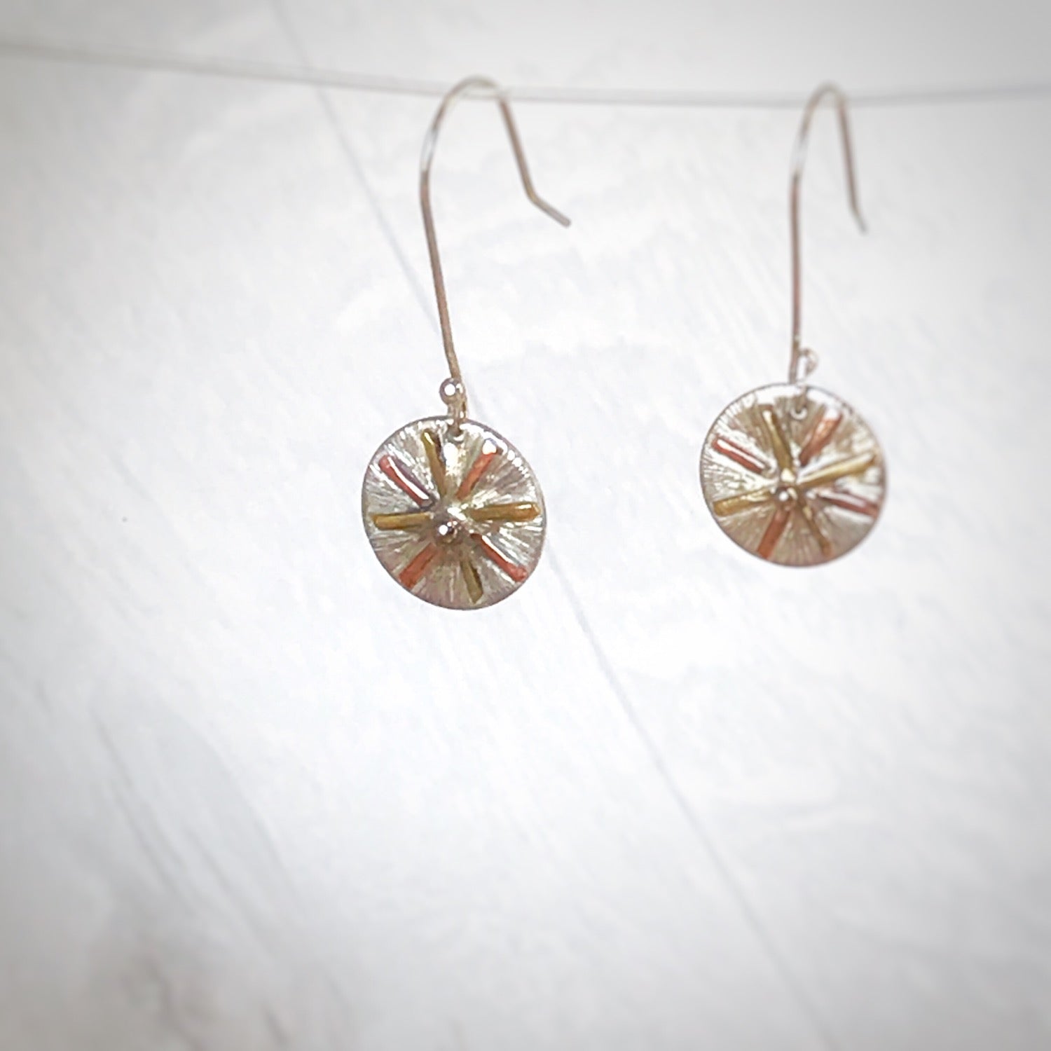 Sunburst Dangly Earrings, Recycled Sterling Silver, Copper, Brass image 4