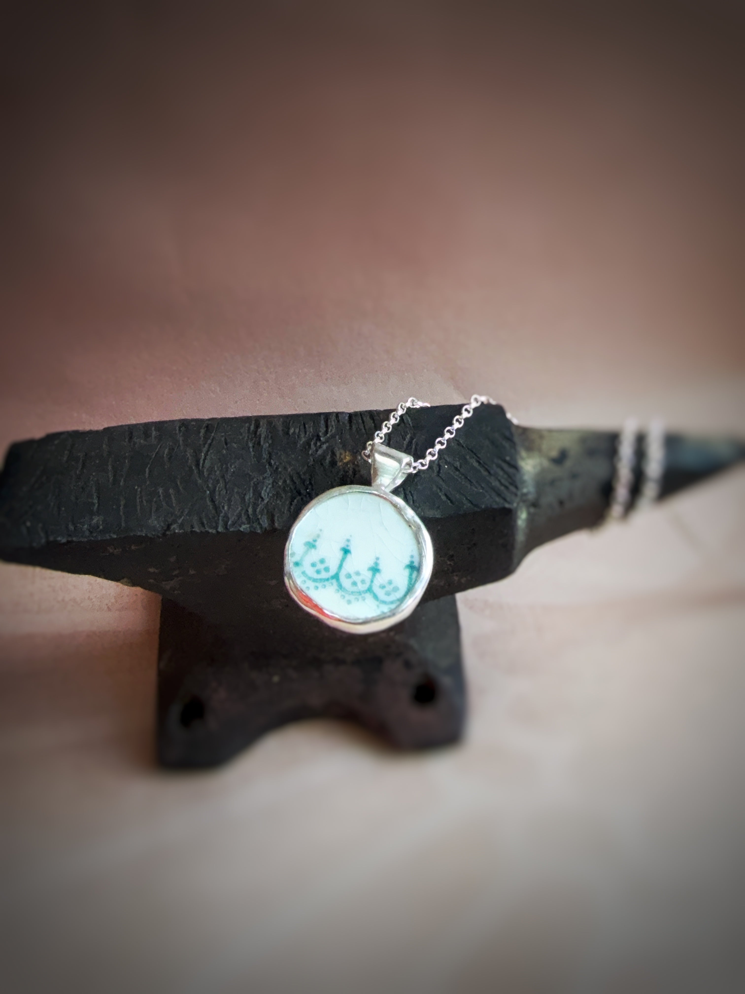 Vintage green Pottery necklace, recycled sterling silver