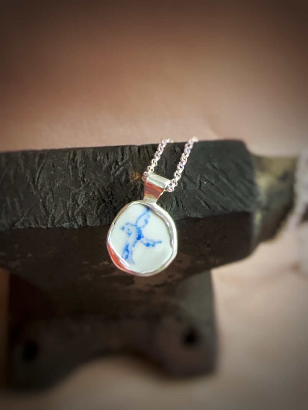 Vintage blue willow pattern bird double-sided pottery necklace, recycled sterling silver