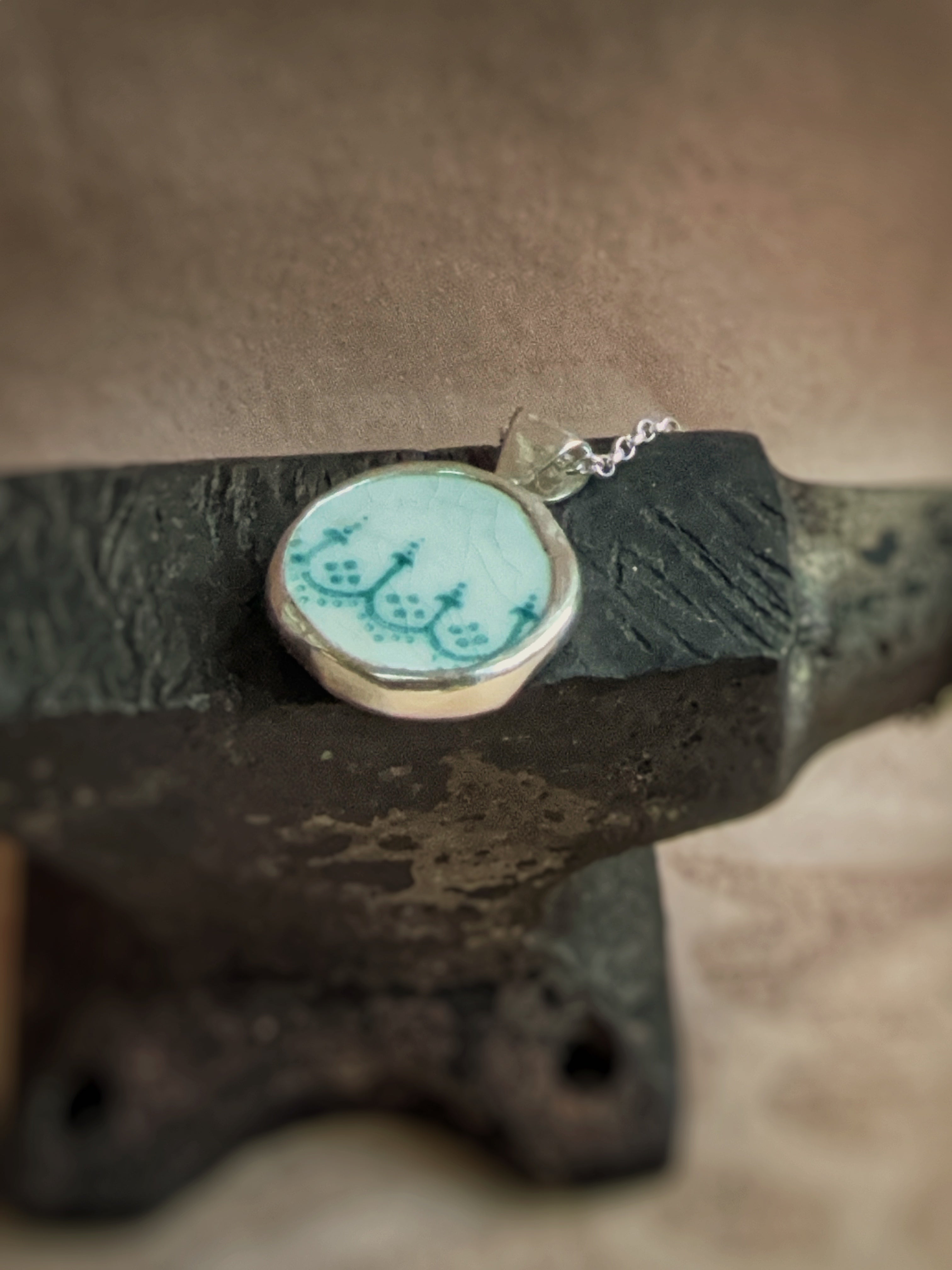 Vintage green Pottery necklace, recycled sterling silver