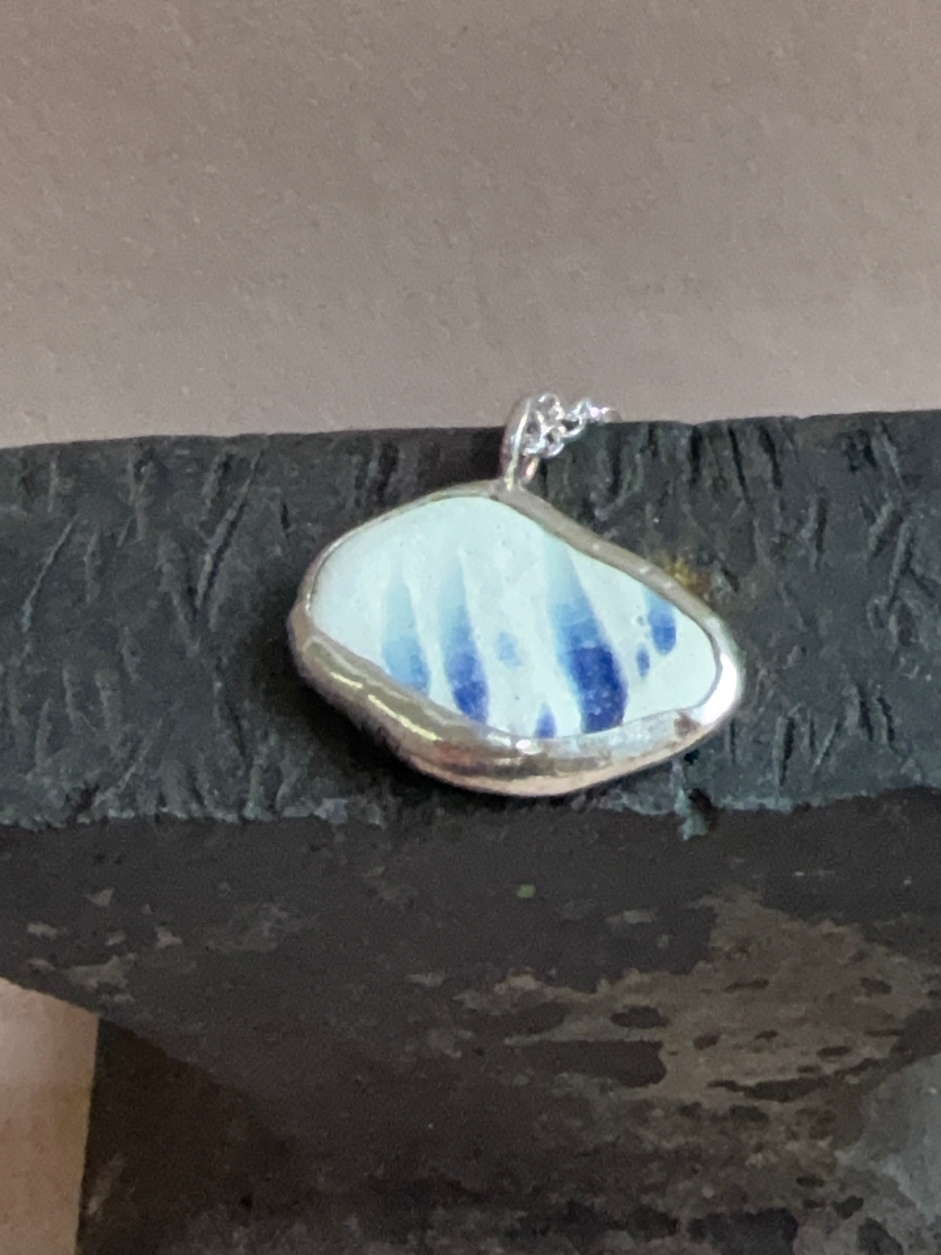 Vintage blue featheredge pottery necklace, recycled sterling silver