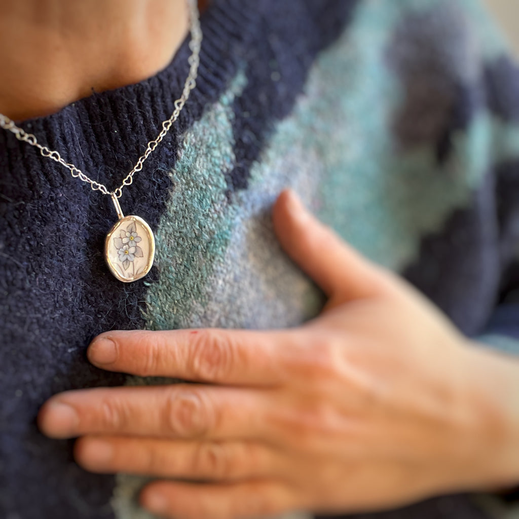 Forget-me-not repurposed china necklace, Recycled Sterling Silver  image 1