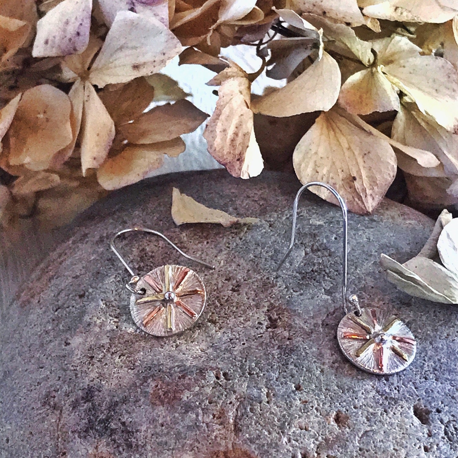 Sunburst Dangly Earrings, Recycled Sterling Silver, Copper, Brass image 1
