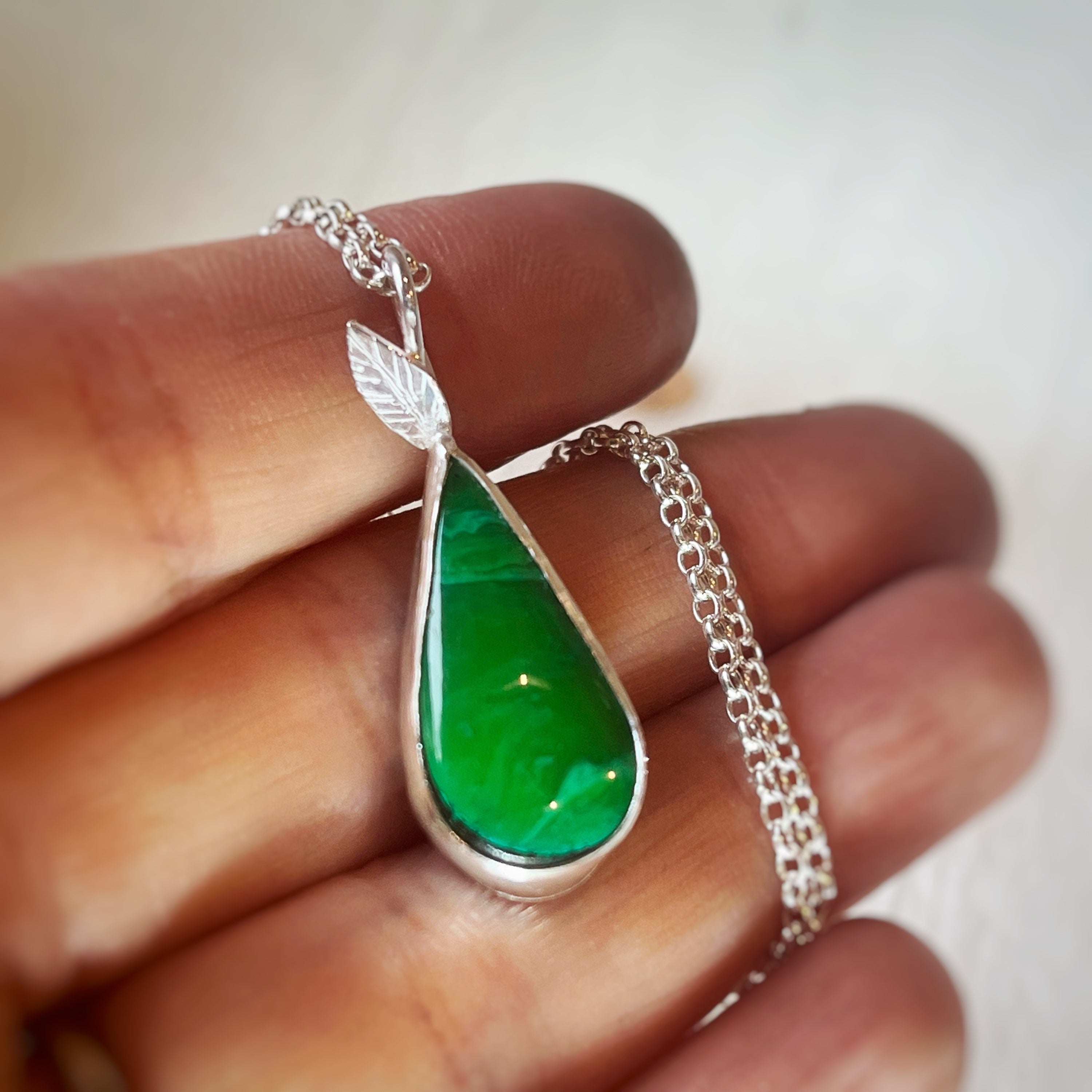 Green Surfite Pear Necklace, recycled sterling silver  image 0
