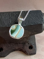 Vintage green blue Pottery necklace, recycled sterling silver