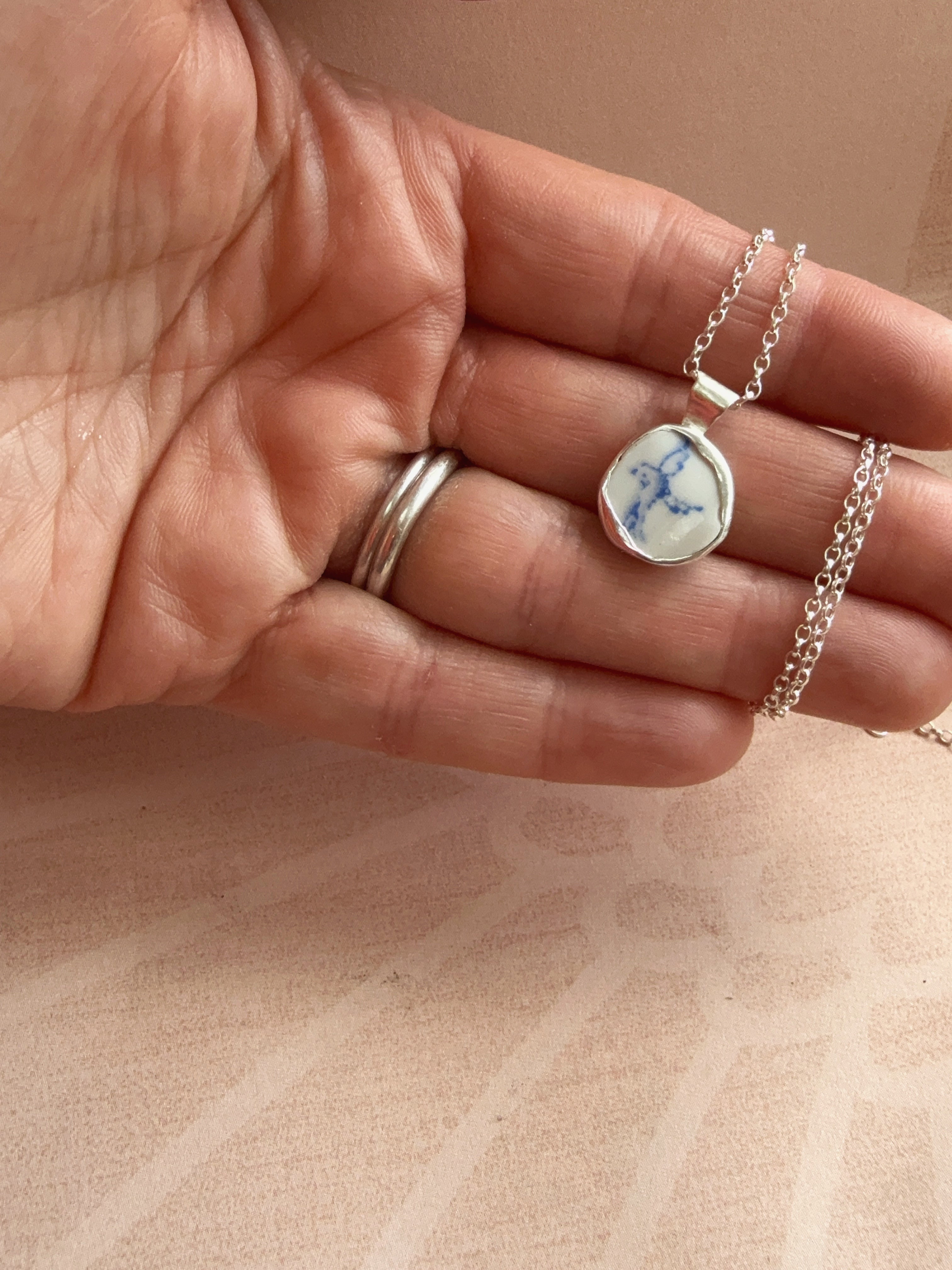 Vintage blue willow pattern bird double-sided pottery necklace, recycled sterling silver