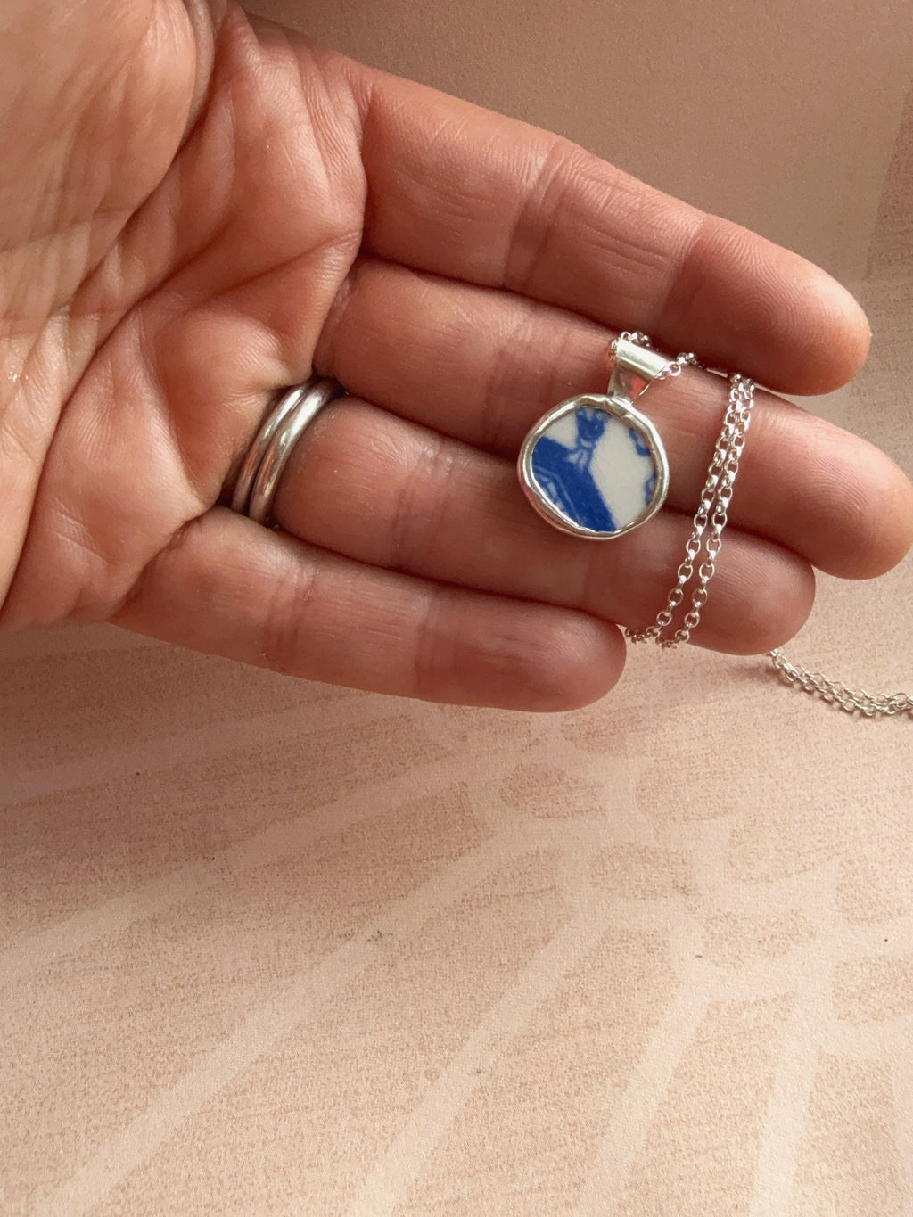 Vintage Willow-pattern boatman Pottery necklace, recycled sterling silver