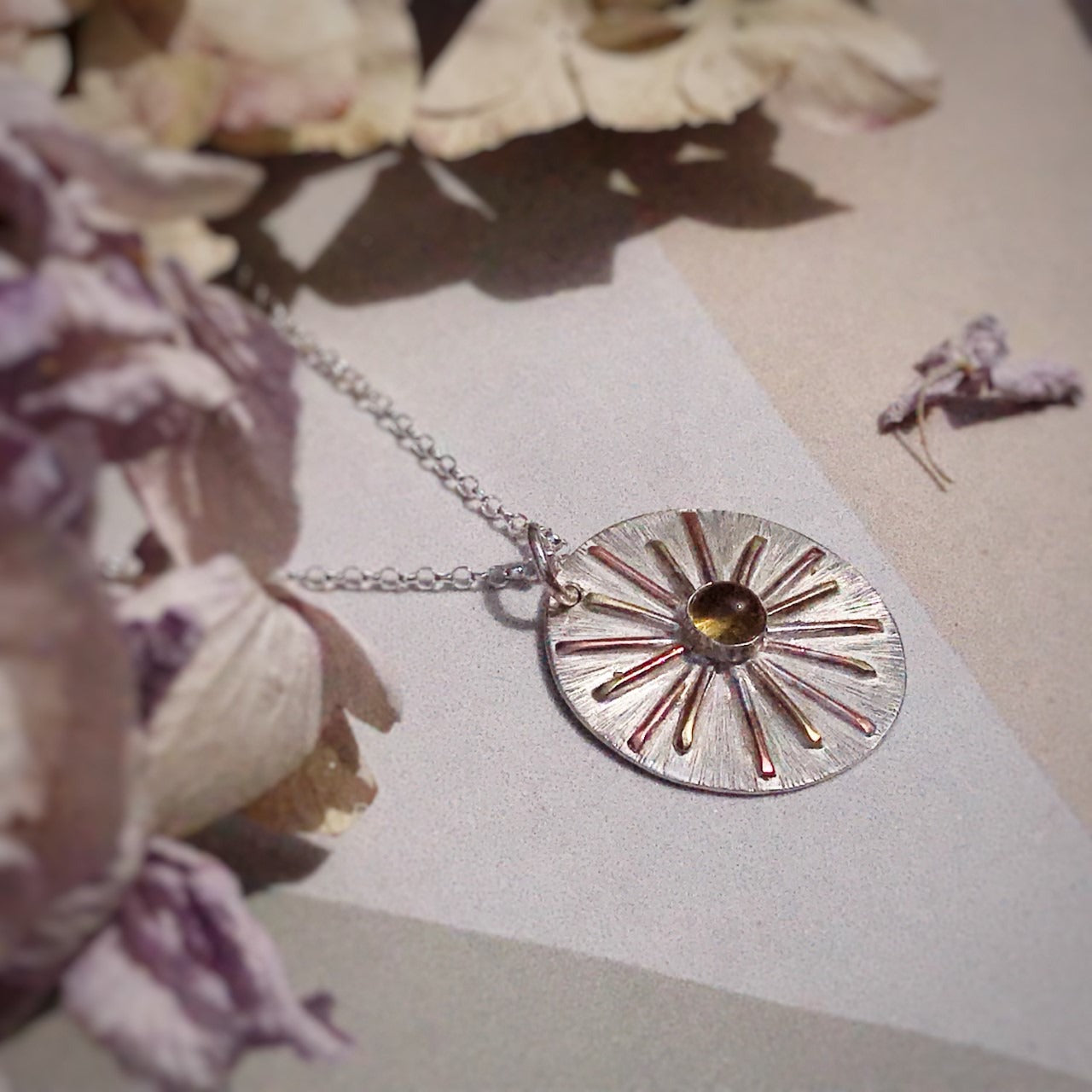 Sunburst Silver, Brass & Copper Pendant Necklace image 0