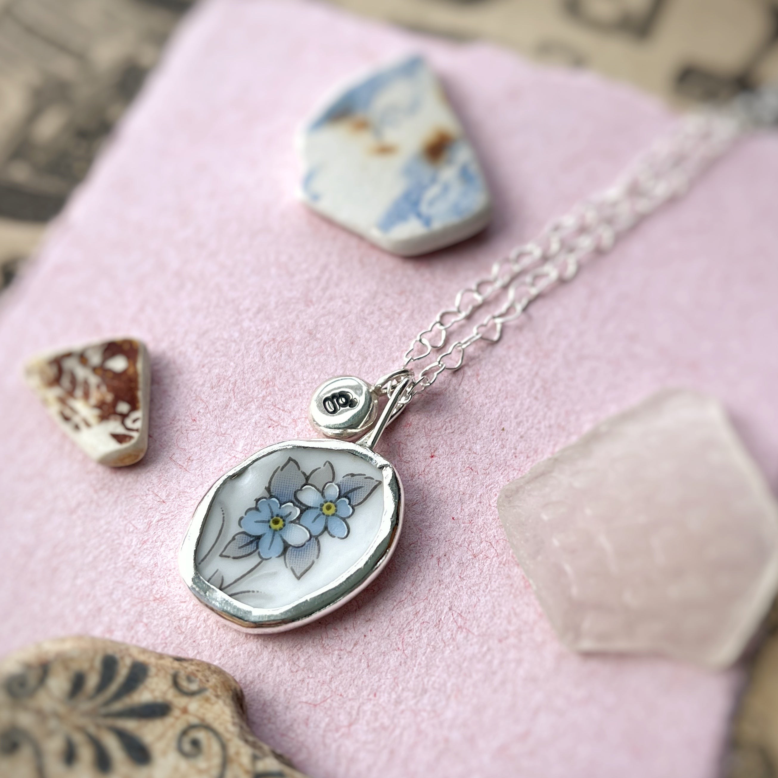 Forget-me-not repurposed china necklace, Recycled Sterling Silver  image 5