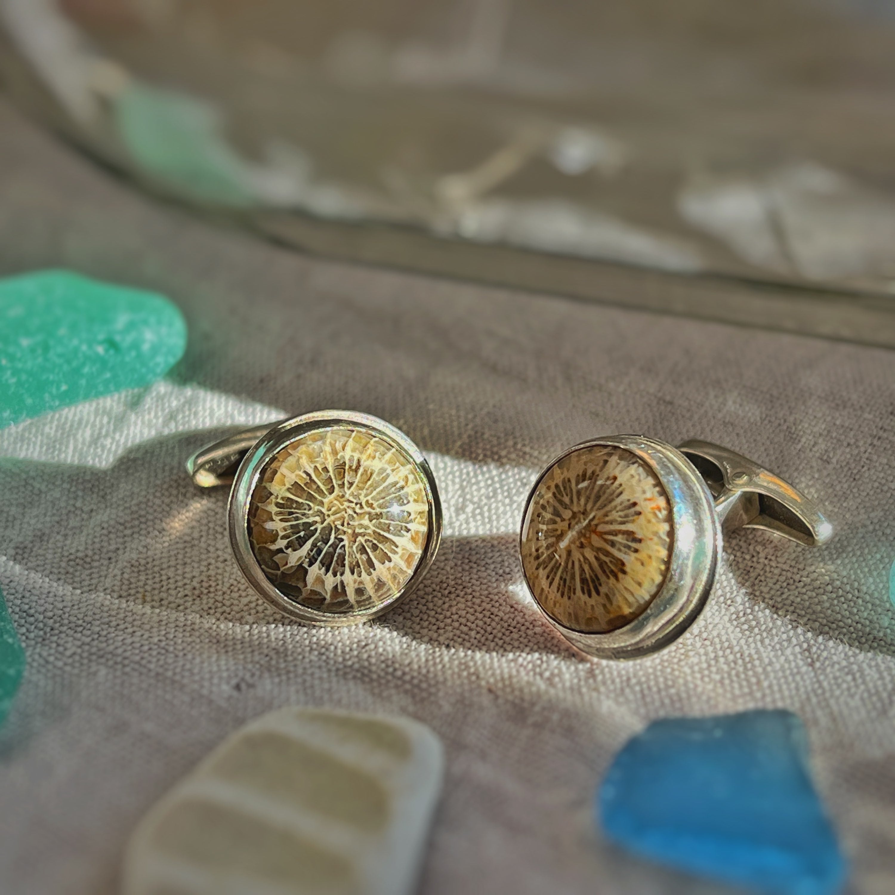 Fossilised Coral Cufflinks, recycled sterling silver  image 0