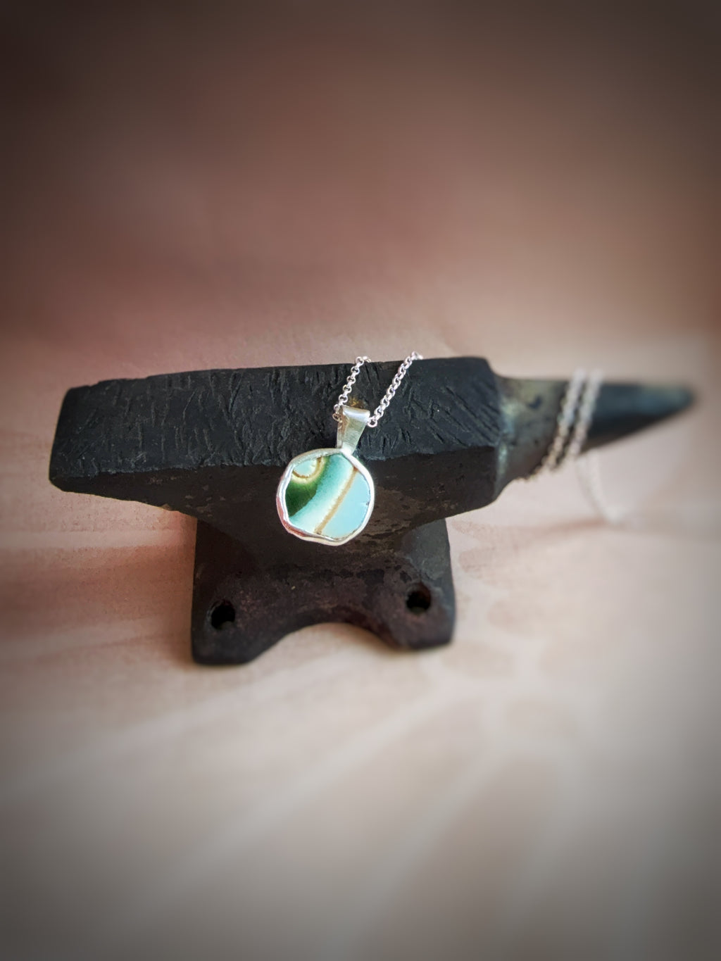 Vintage green blue Pottery necklace, recycled sterling silver