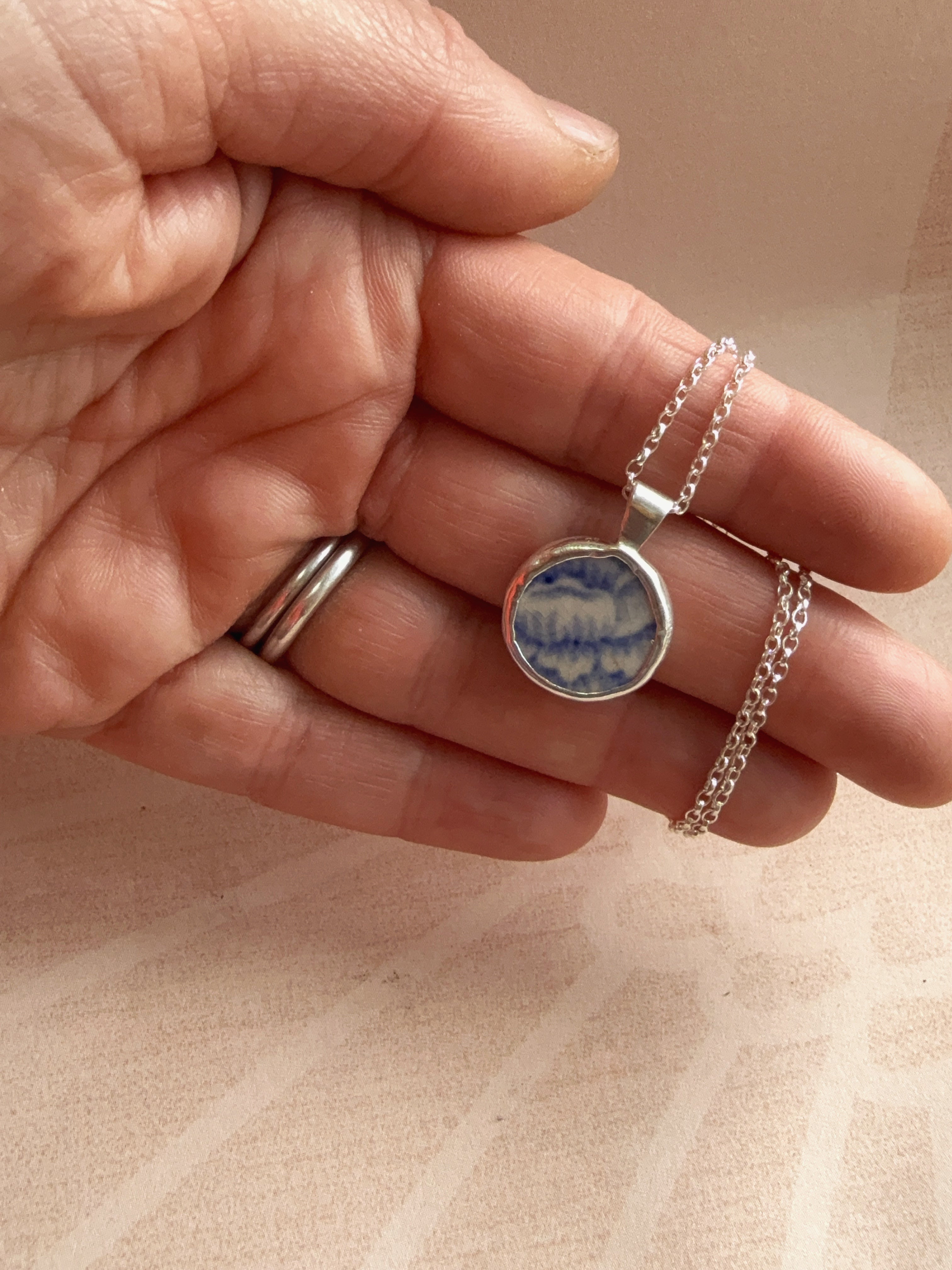 Vintage blue floral pottery necklace, recycled sterling silver