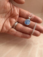 Vintage blue willow pattern bird double-sided pottery necklace, recycled sterling silver