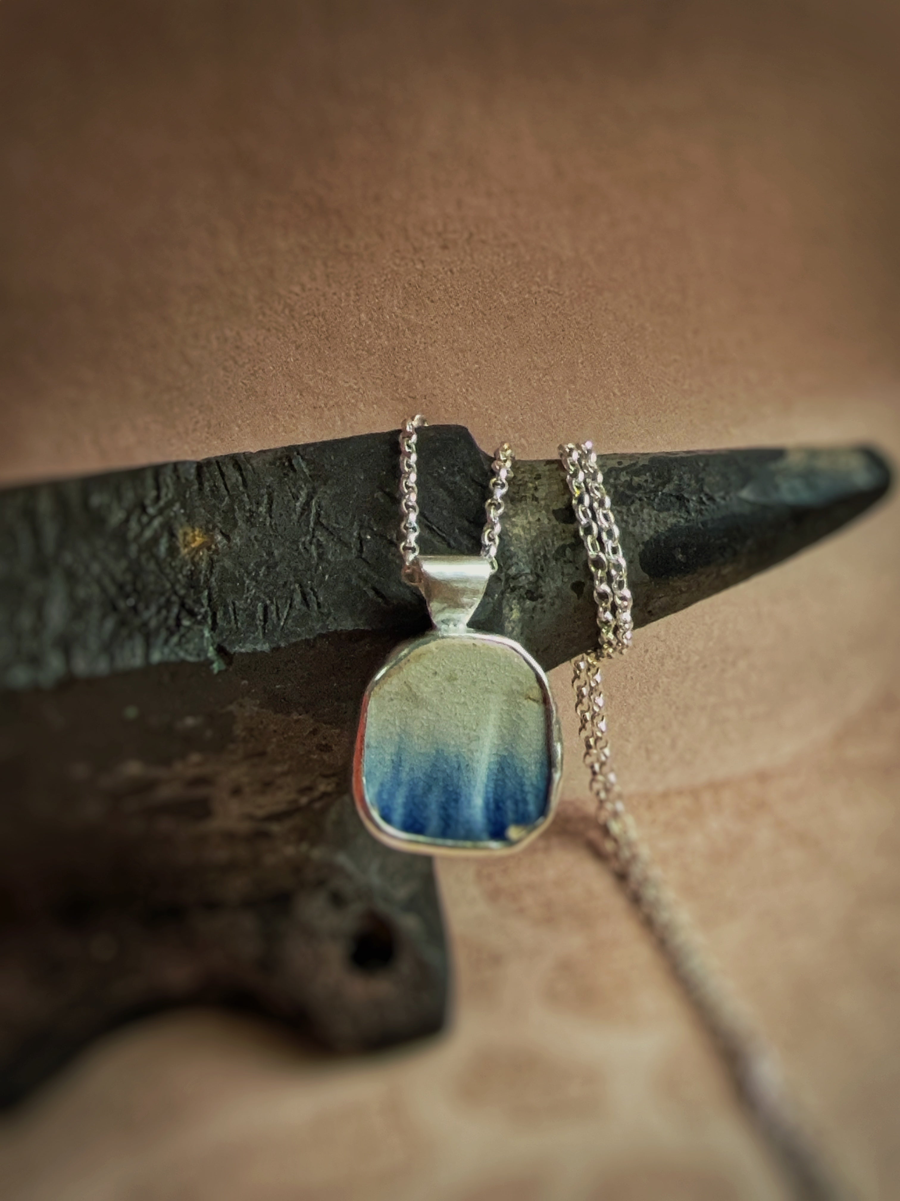 Vintage blue featheredge pottery necklace, recycled sterling silver