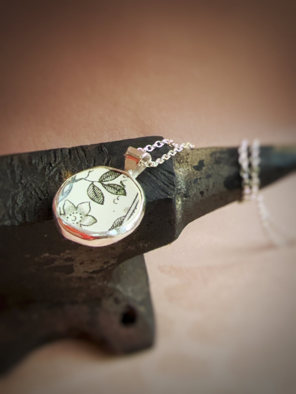 Vintage Pottery Dog/floral necklace, double sided design, recycled sterling silver