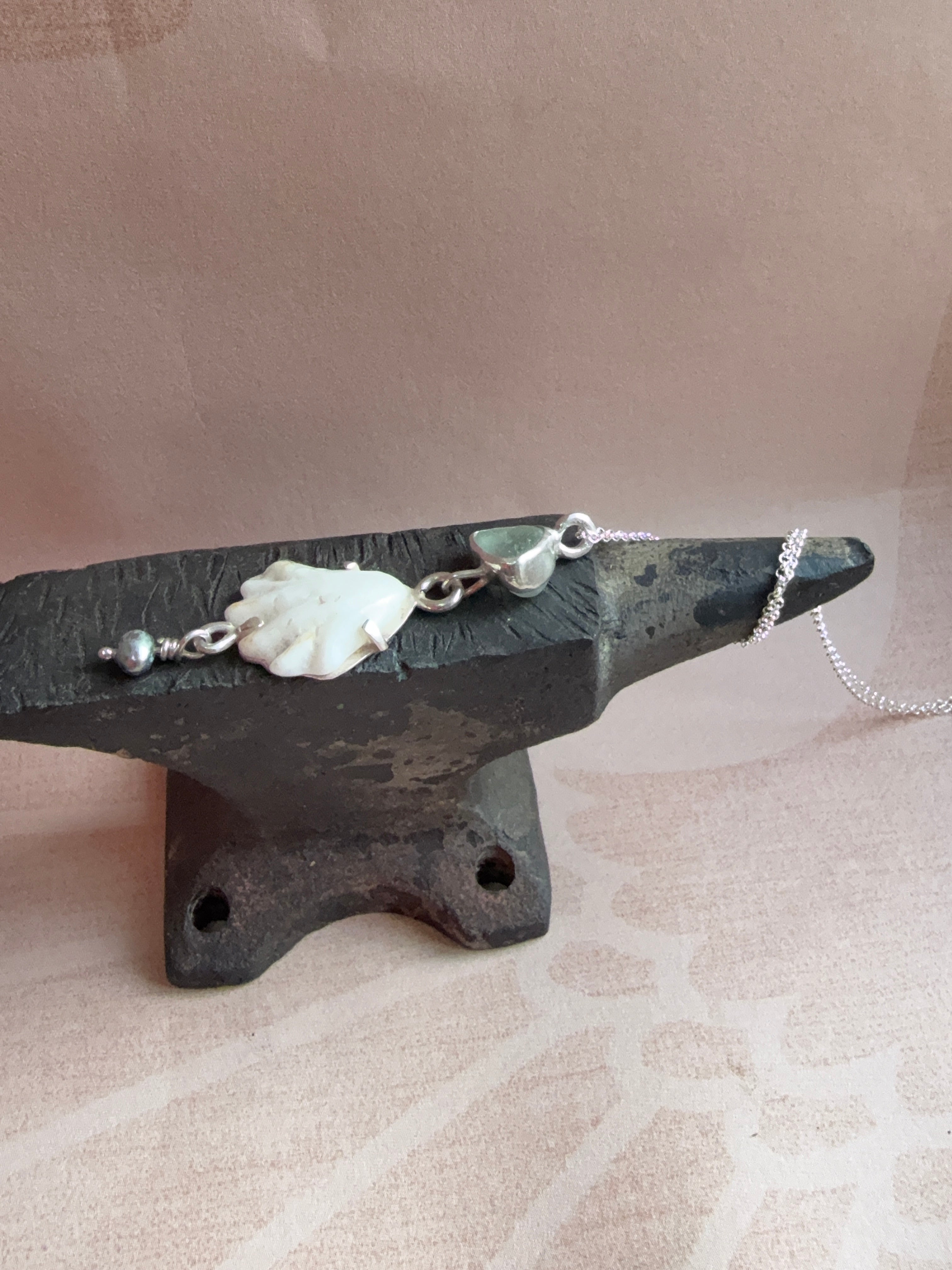 Seaglass, shell and pearl necklace, recycled sterling silver