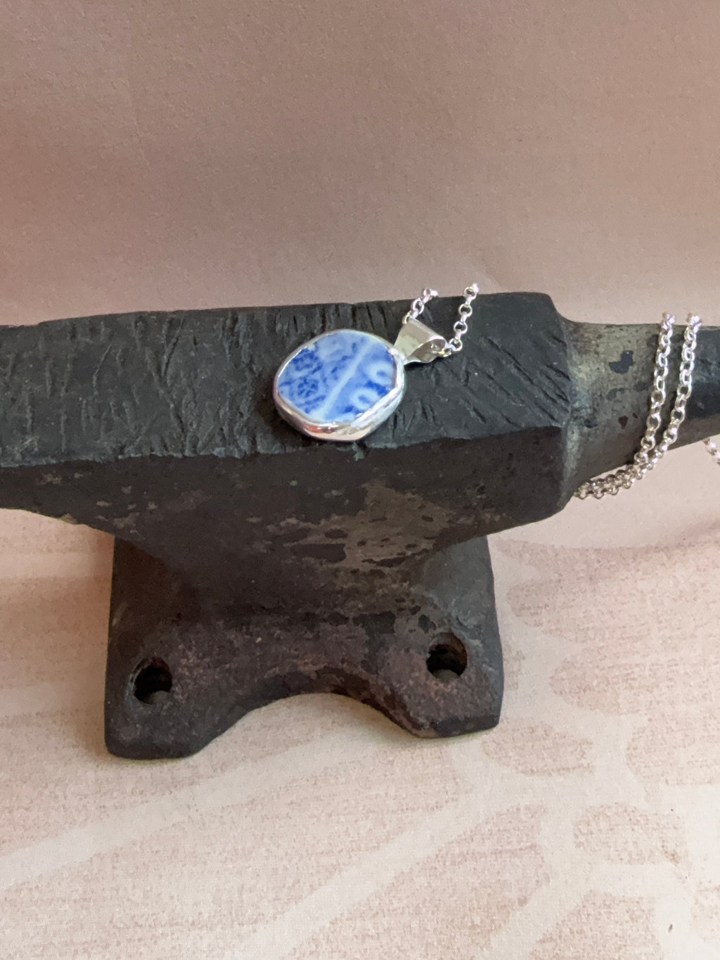 Vintage blue willow pattern bird double-sided pottery necklace, recycled sterling silver