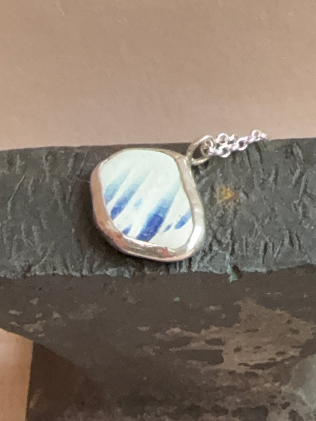 Vintage blue featheredge pottery necklace, recycled sterling silver