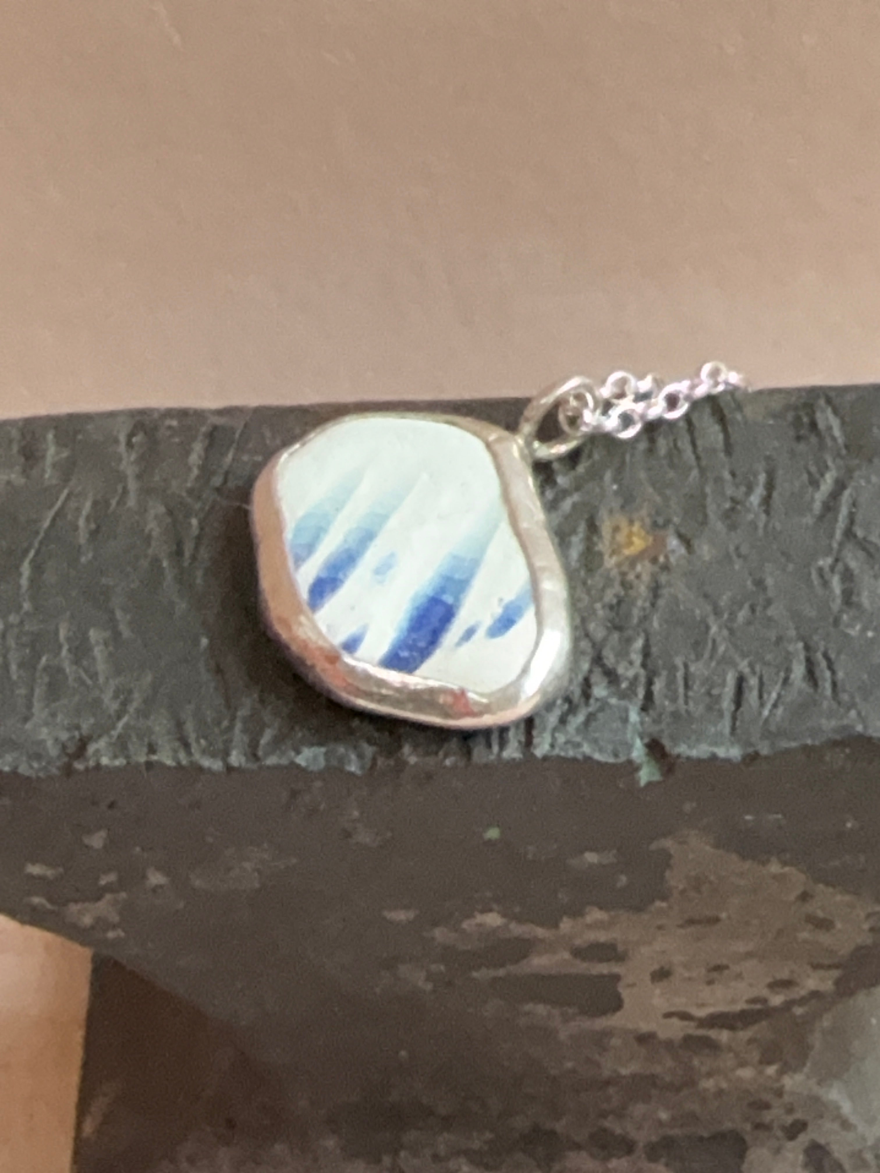 Vintage blue featheredge pottery necklace, recycled sterling silver