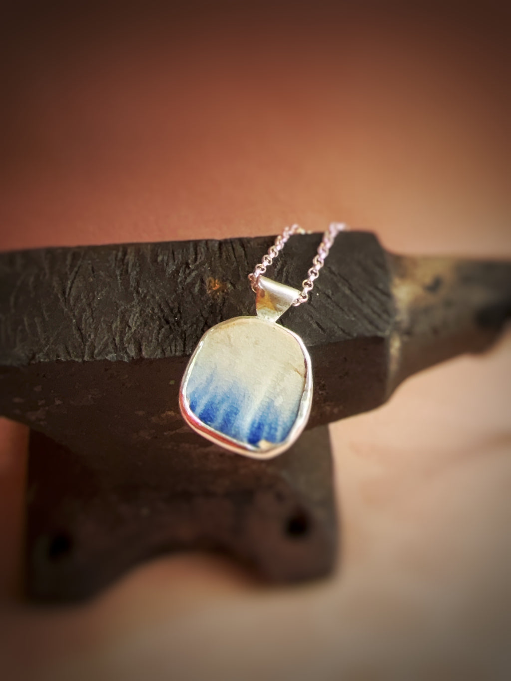 Vintage blue featheredge pottery necklace, recycled sterling silver