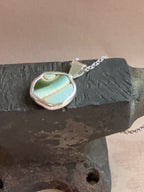 Vintage green blue Pottery necklace, recycled sterling silver