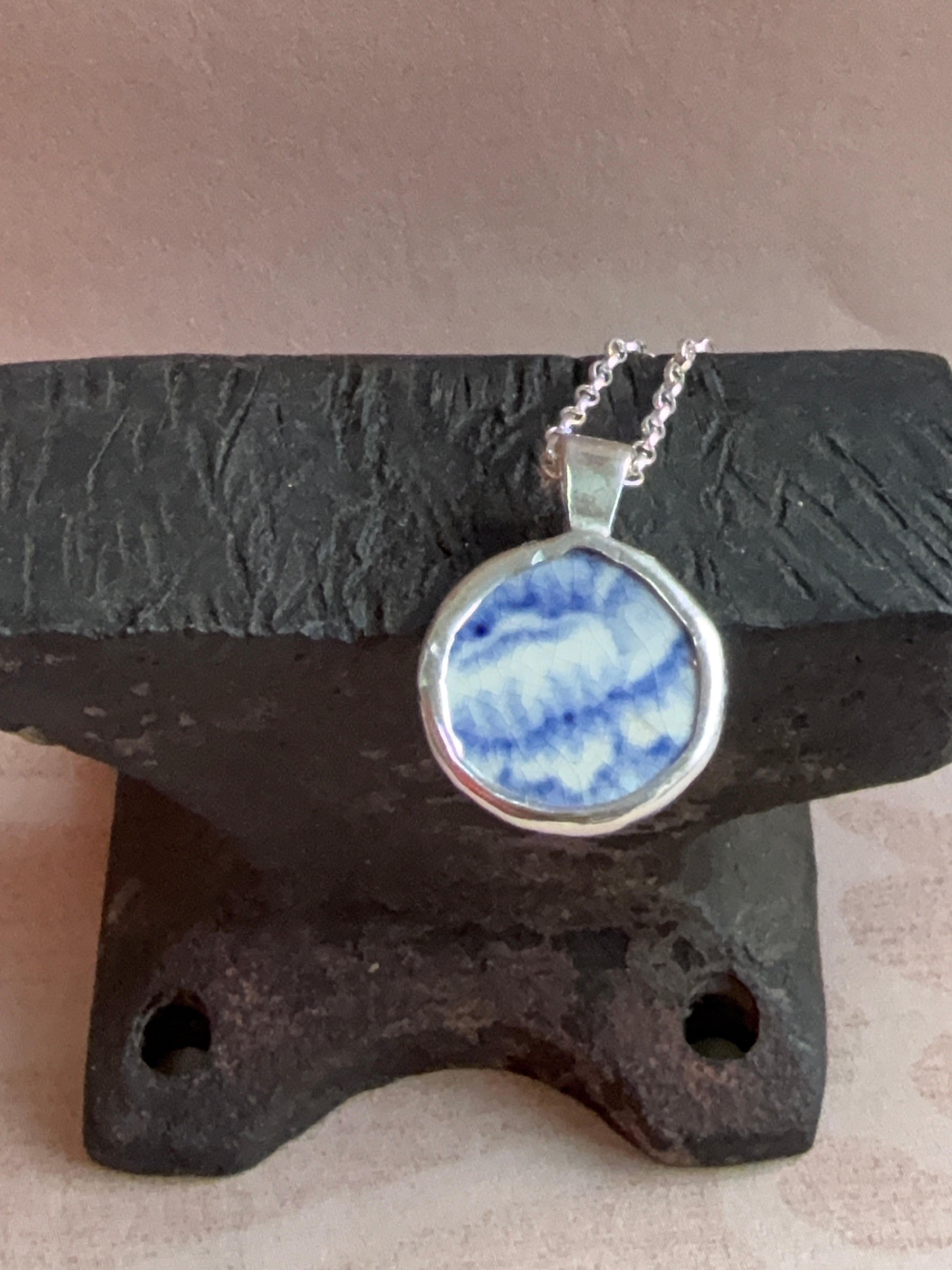 Vintage blue floral pottery necklace, recycled sterling silver