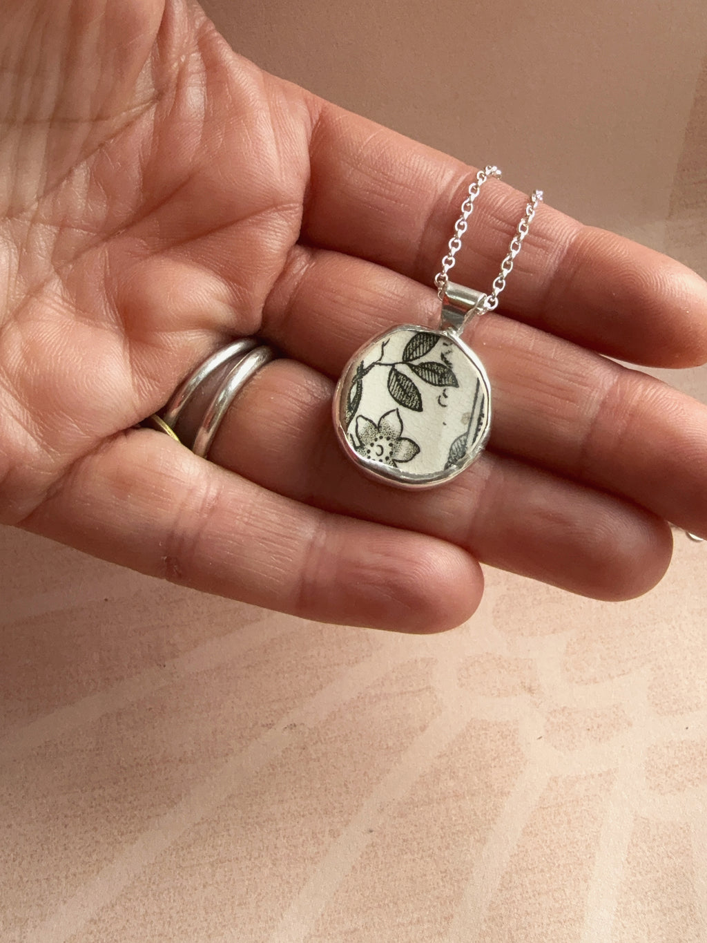 Vintage Pottery Dog/floral necklace, double sided design, recycled sterling silver