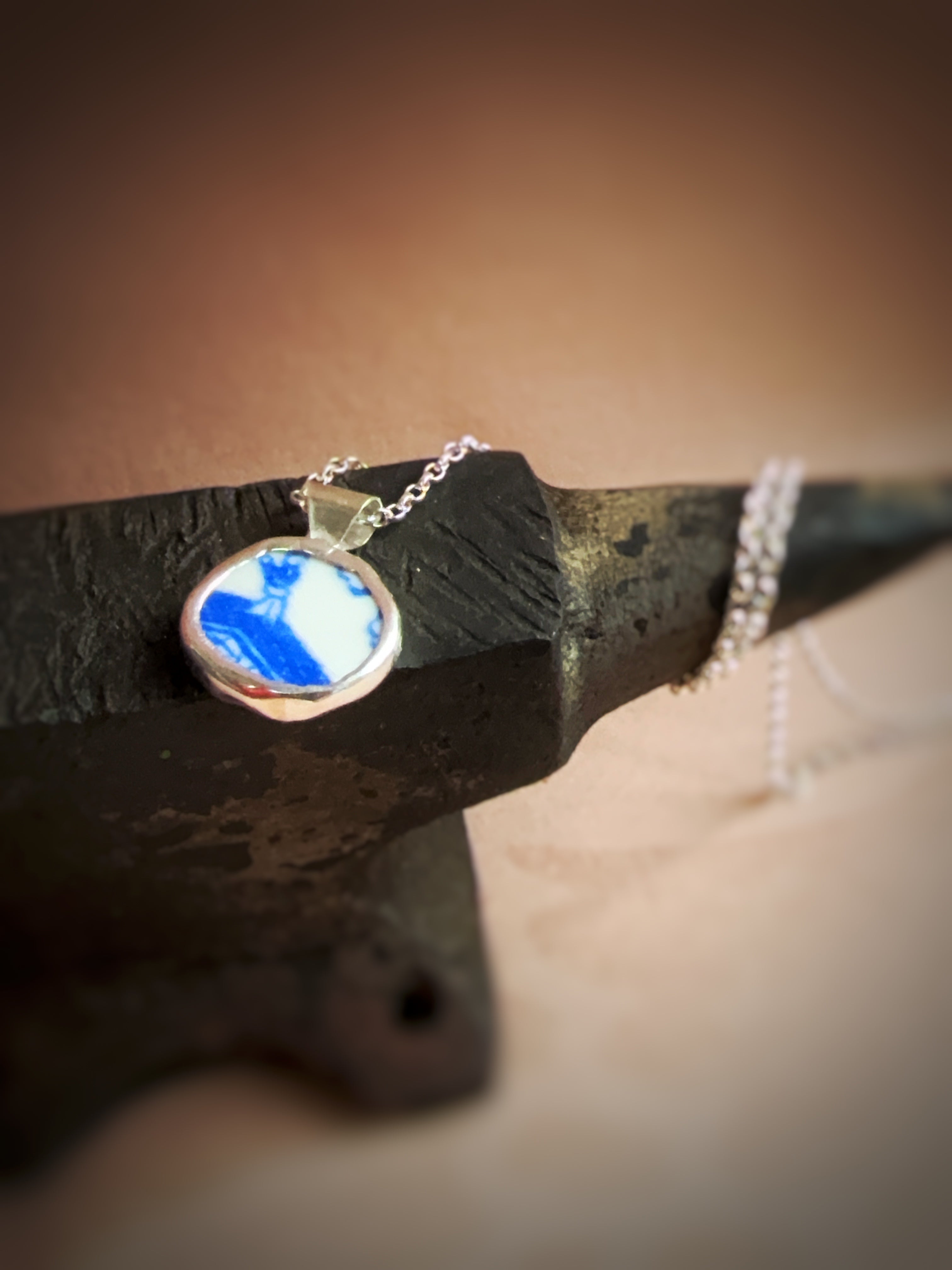 Vintage Willow-pattern boatman Pottery necklace, recycled sterling silver