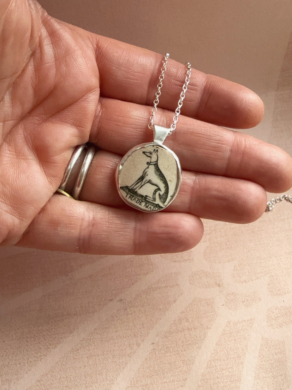 Vintage Pottery Dog/floral necklace, double sided design, recycled sterling silver