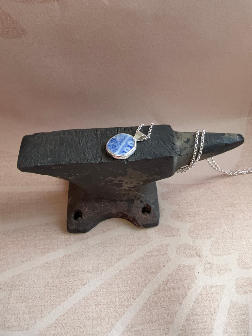 Vintage blue willow pattern bird double-sided pottery necklace, recycled sterling silver