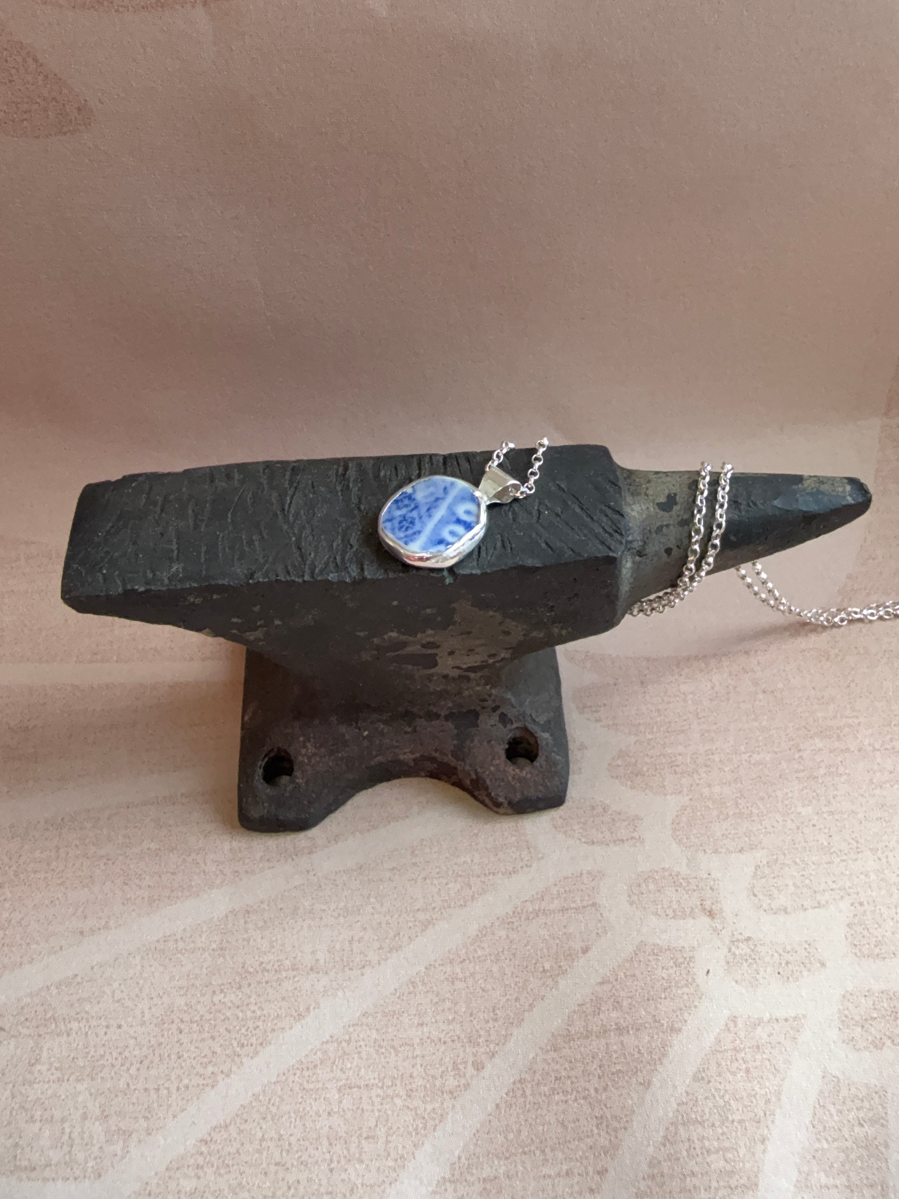 Vintage blue willow pattern bird double-sided pottery necklace, recycled sterling silver