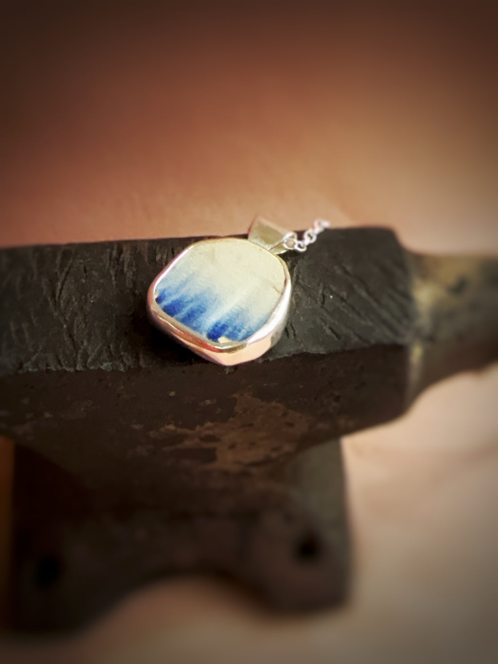 Vintage blue featheredge pottery necklace, recycled sterling silver