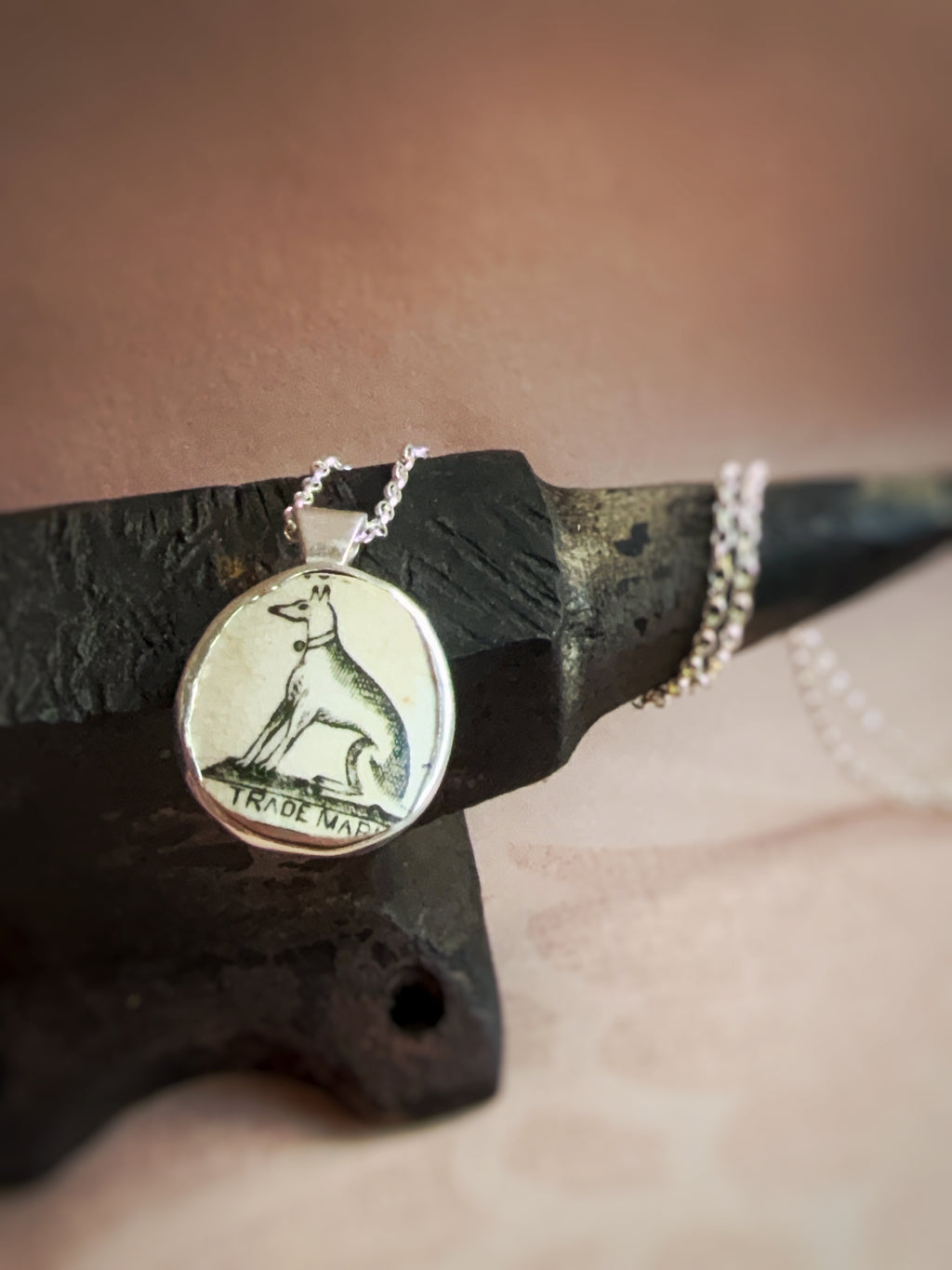 Vintage Pottery Dog/floral necklace, double sided design, recycled sterling silver