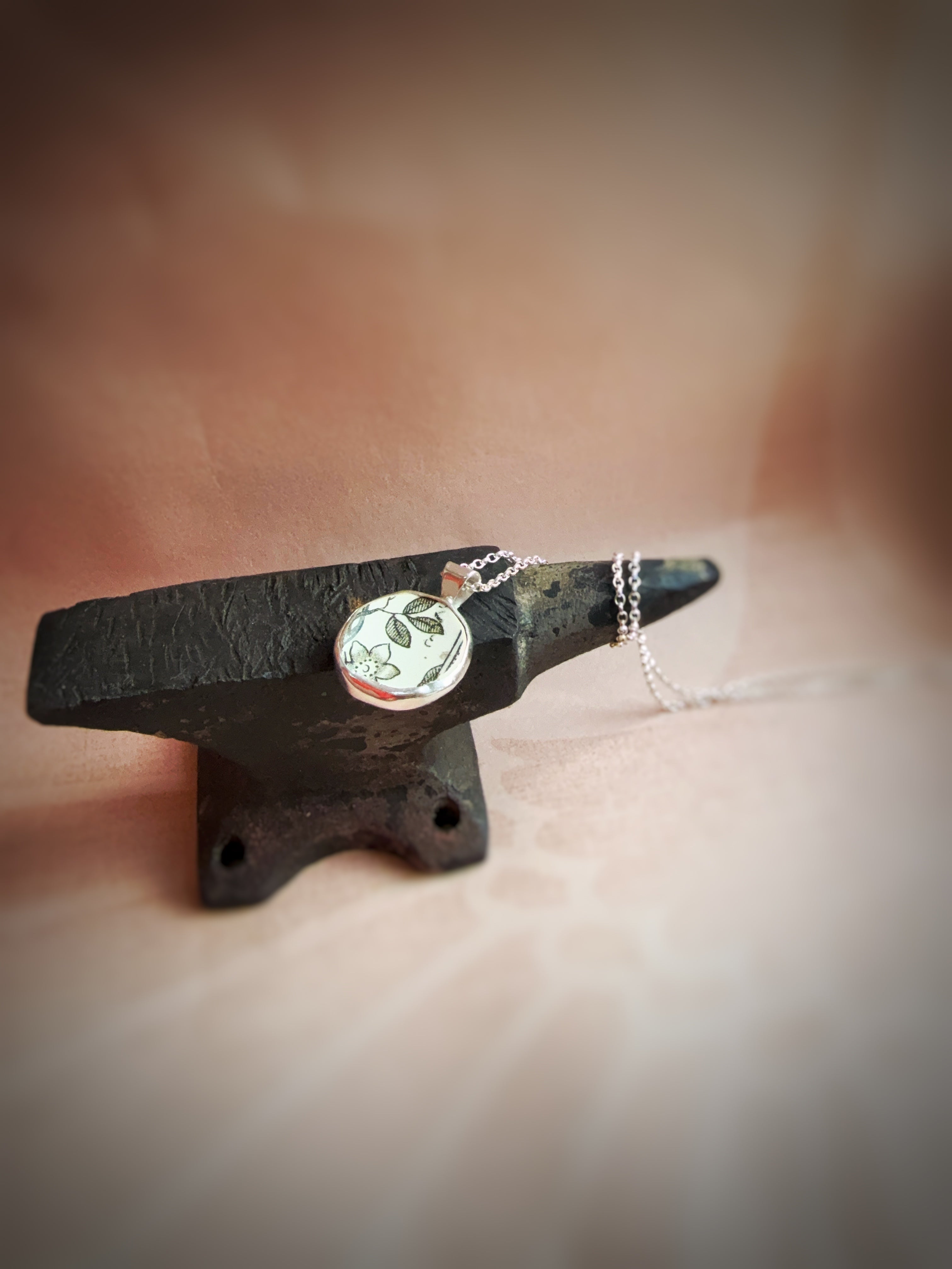 Vintage Pottery Dog/floral necklace, double sided design, recycled sterling silver