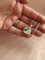 Vintage green blue Pottery necklace, recycled sterling silver