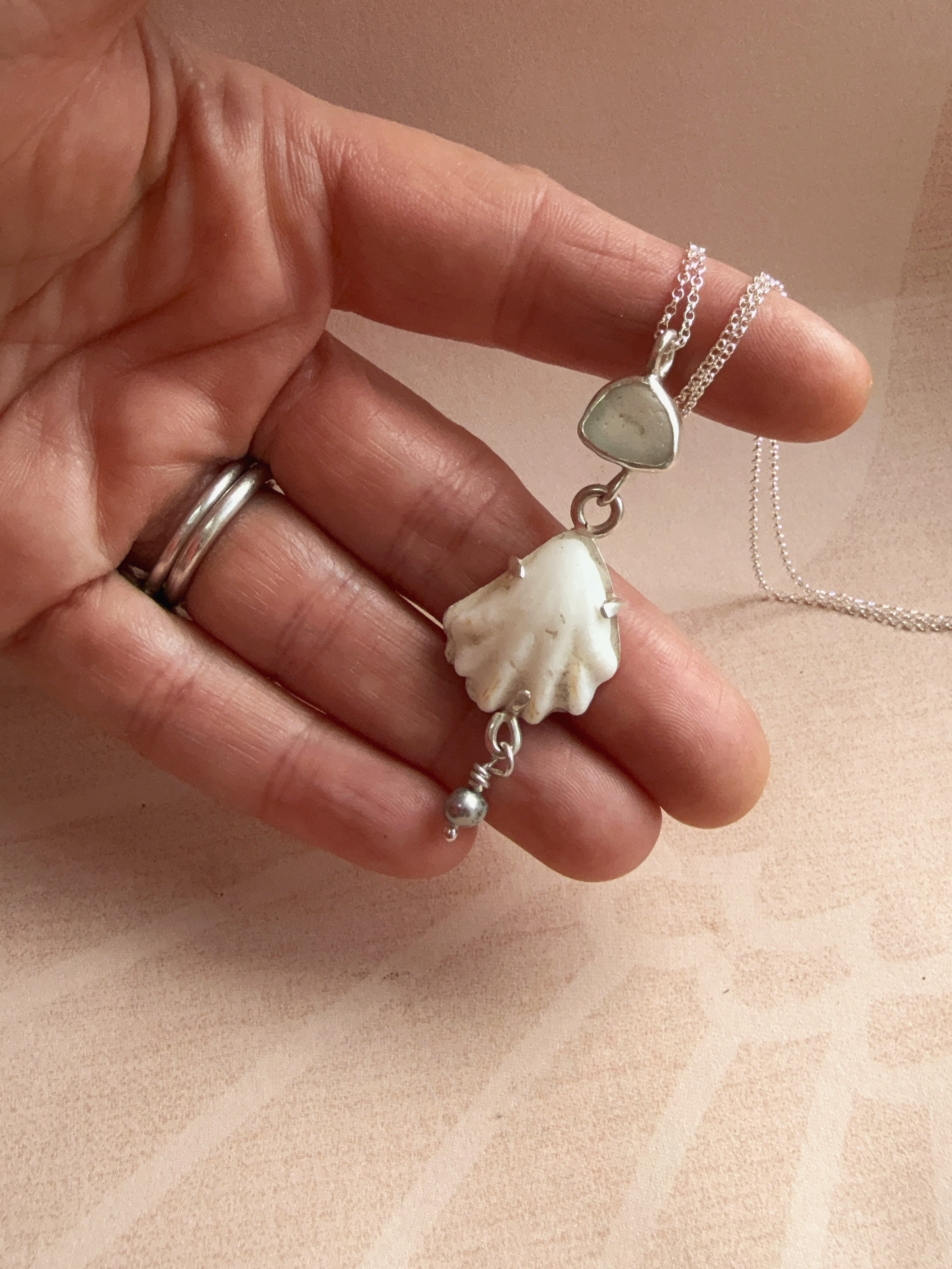 Seaglass, shell and pearl necklace, recycled sterling silver