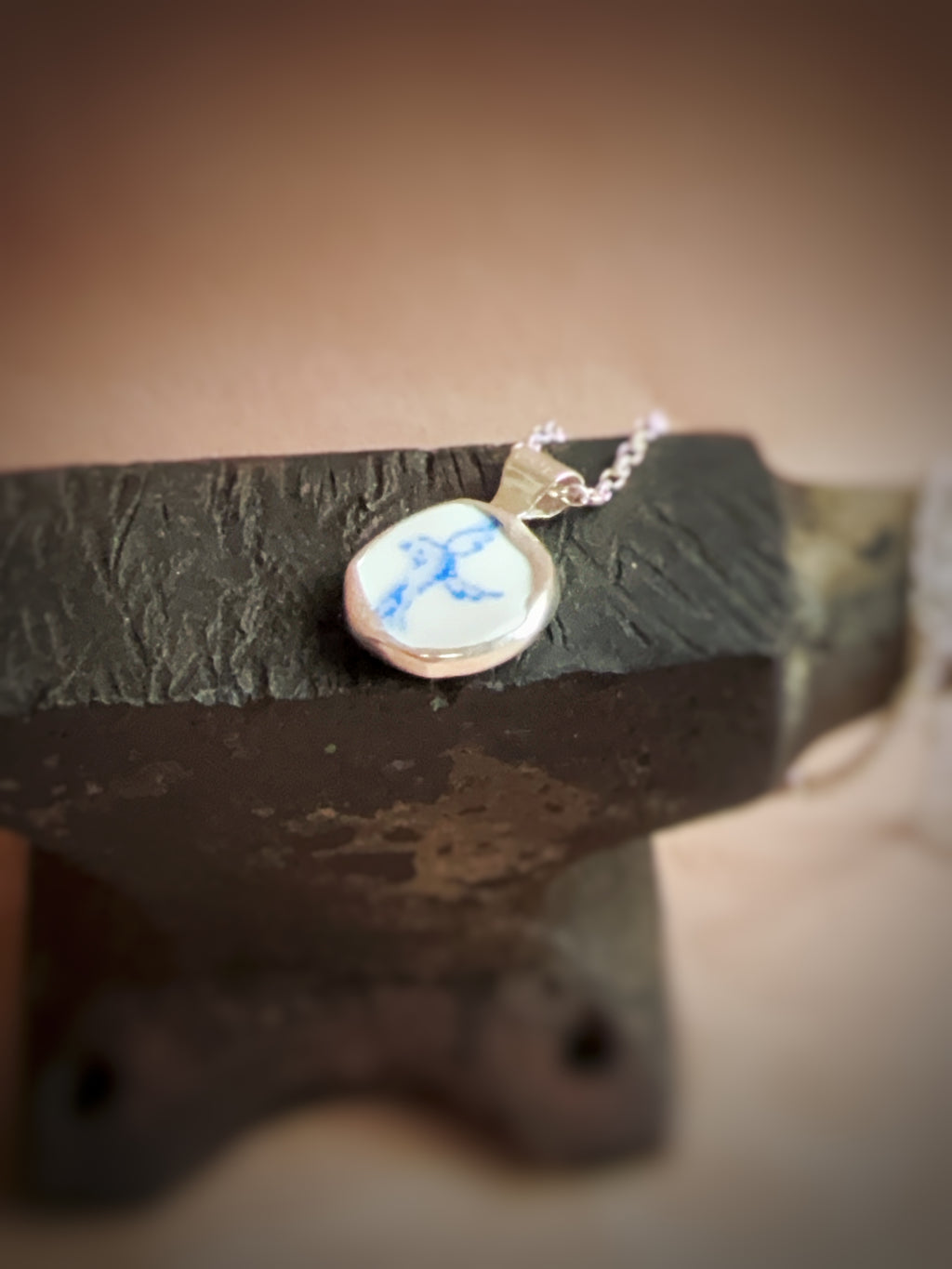 Vintage blue willow pattern bird double-sided pottery necklace, recycled sterling silver
