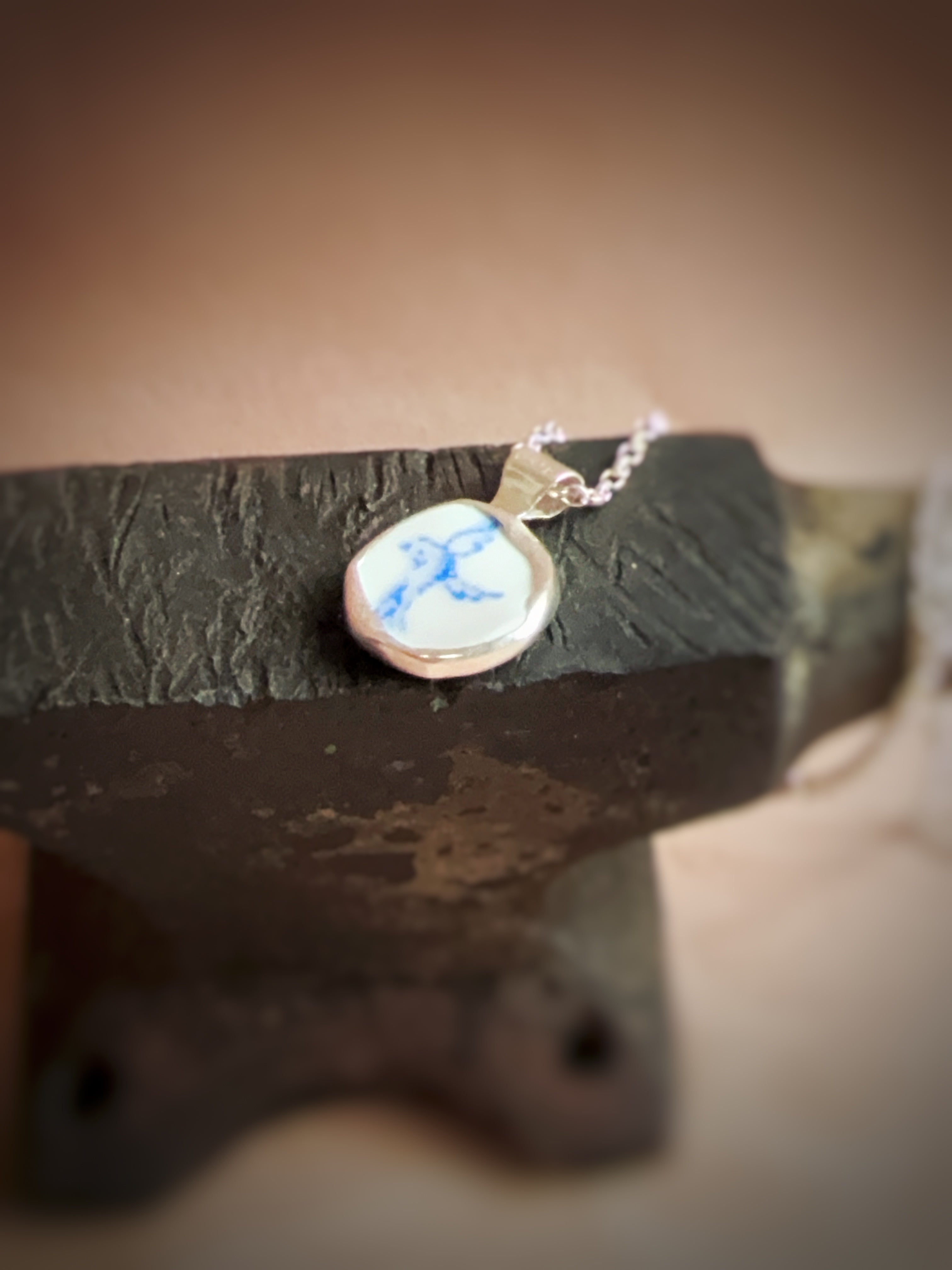 Vintage blue willow pattern bird double-sided pottery necklace, recycled sterling silver