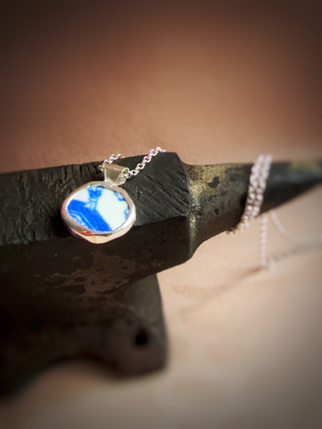 Vintage Willow-pattern boatman Pottery necklace, recycled sterling silver